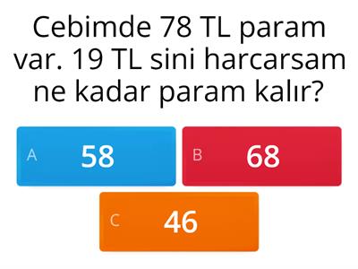 2. Sınıf Matematik Toplama ve Çıkarma İşlemi Problemleri Test Oyunu