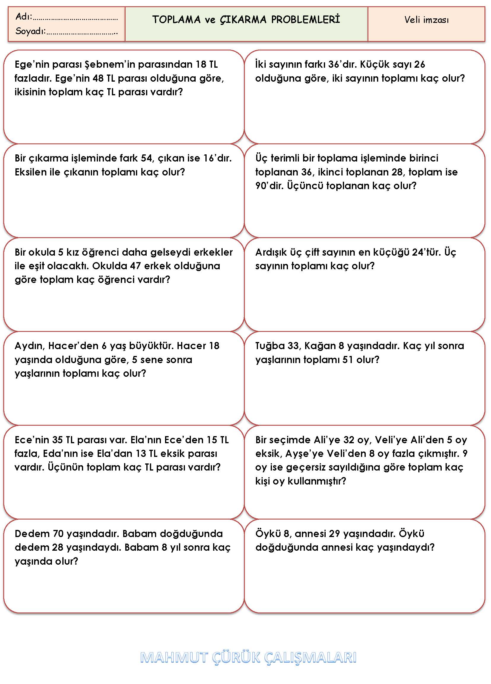 2. Sınıf Matematik Toplama ve Çıkarma Problemleri