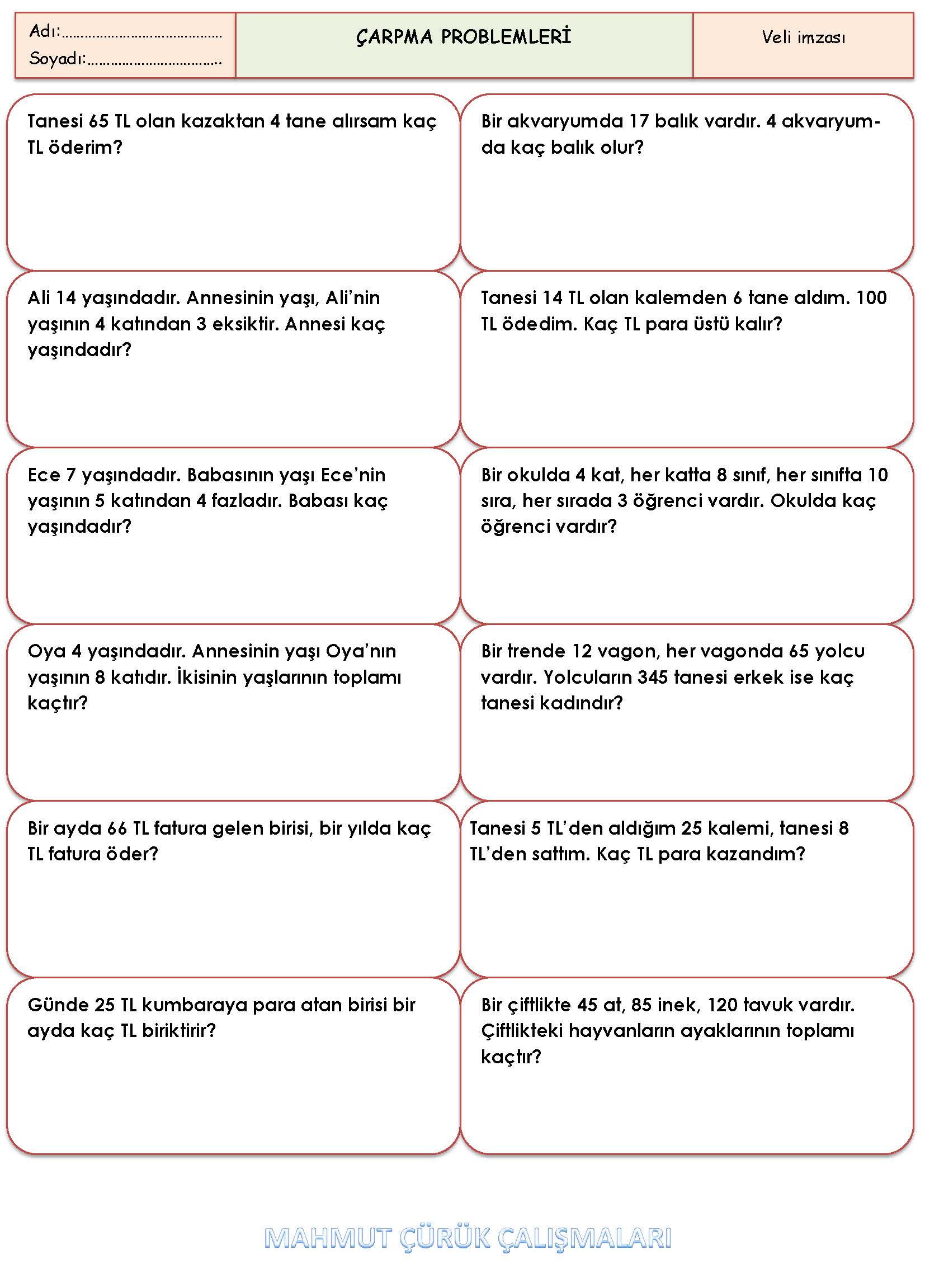 3. Sınıf Matematik Çarpma Problemleri