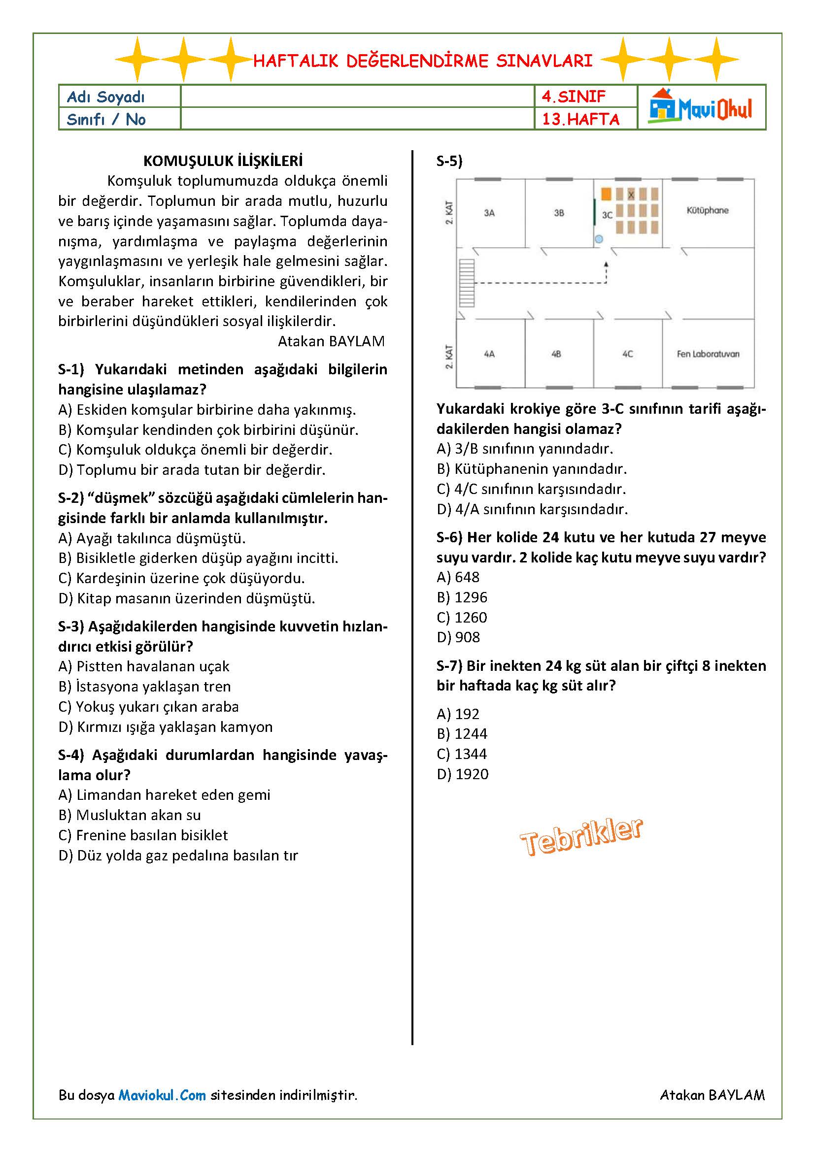 4. Sınıf 13. Hafta (11-15 Aralık) Haftalık Kazanım Değerlendirme Sınavı