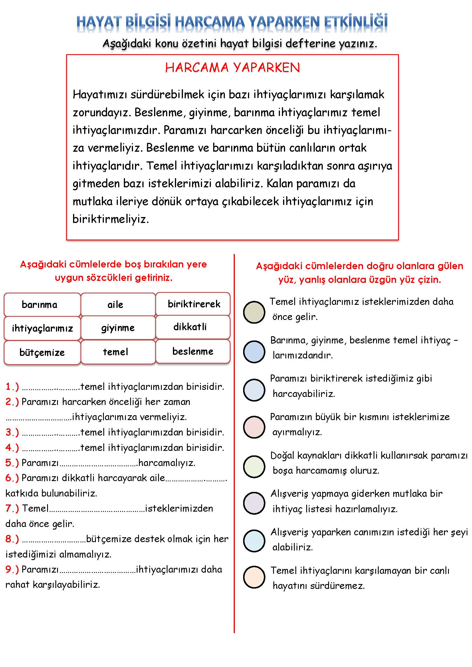 3. Sınıf Hayat Bilgisi Harcama Yaparken Etkinliği