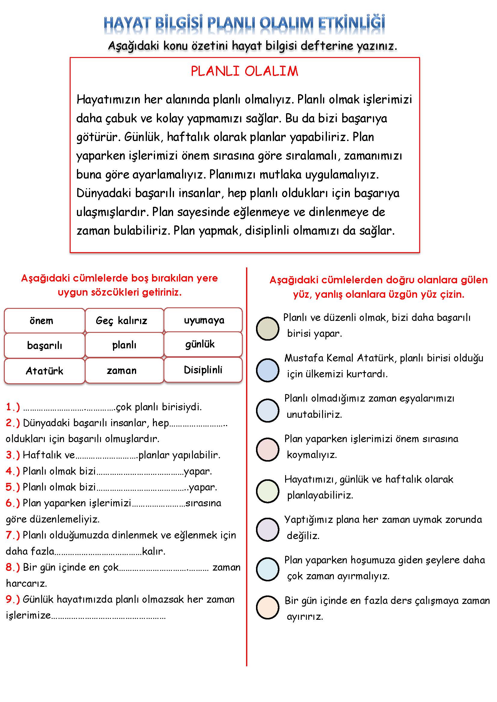 3. Sınıf Hayat Bilgisi Planlı Olalım Etkinliği