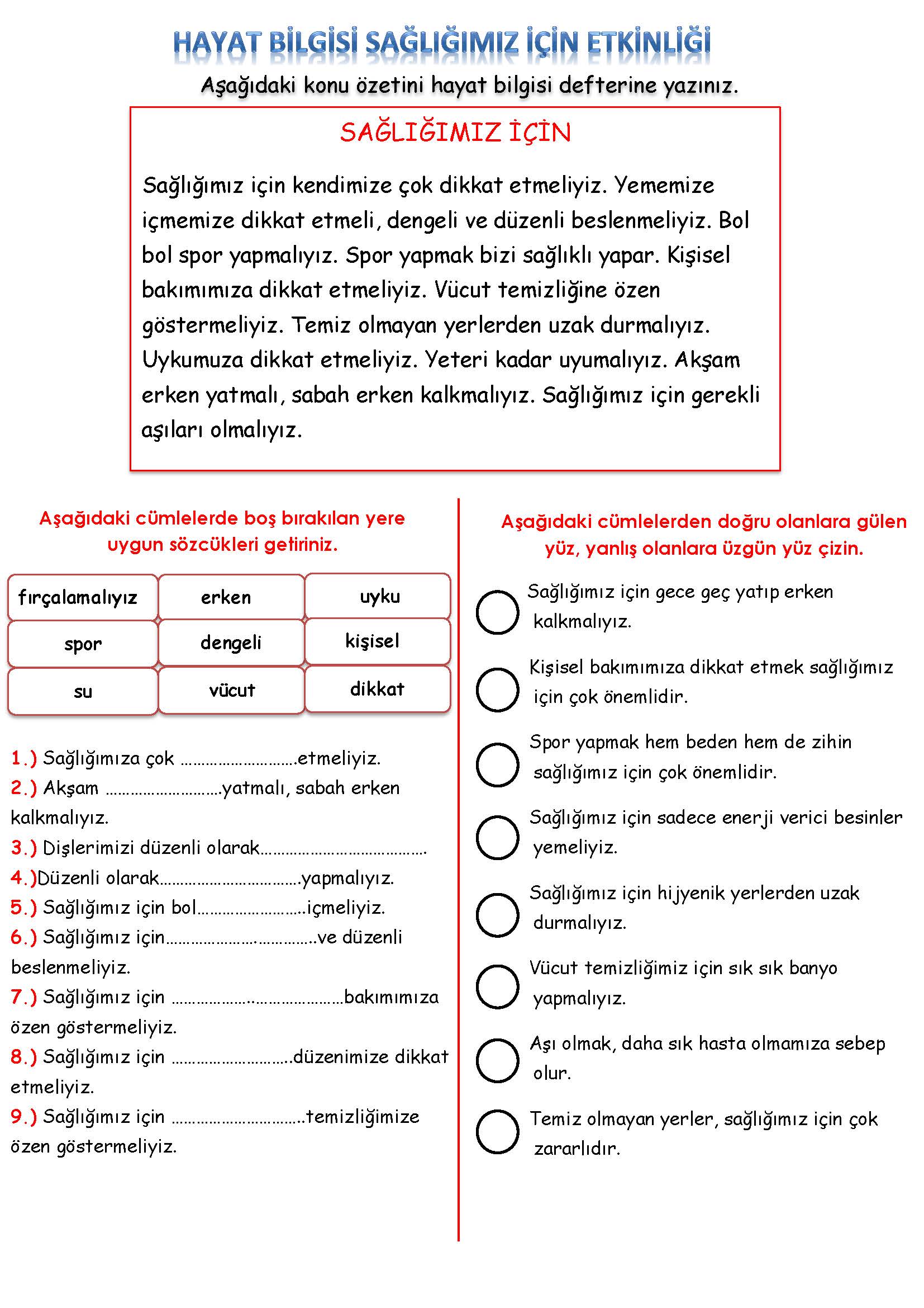 2. Sınıf Hayat Bilgisi Sağlığımız İçin Etkinliği