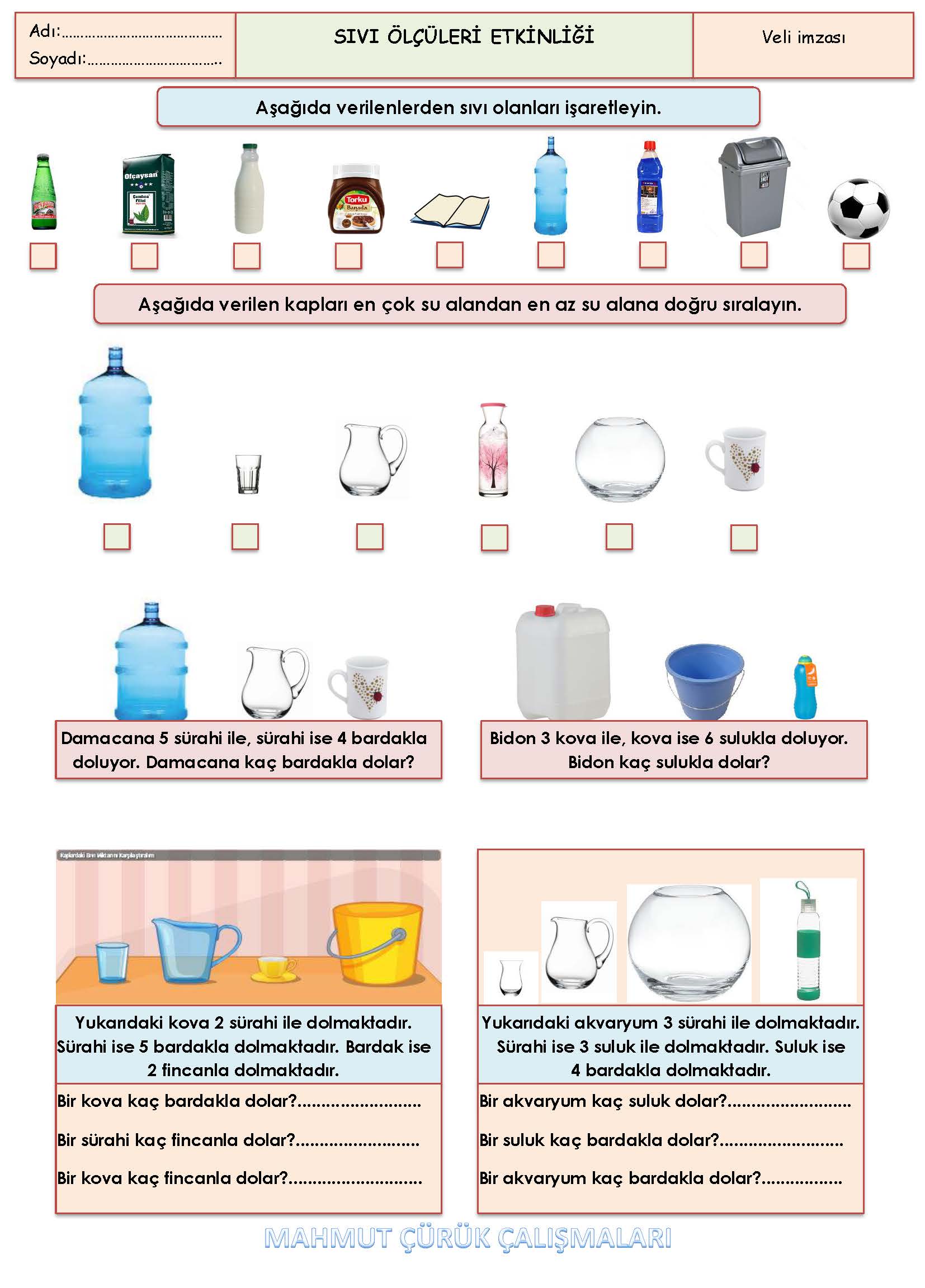 2.Sınıf - Matematik Sıvı Ölçüleri Etkinliği
