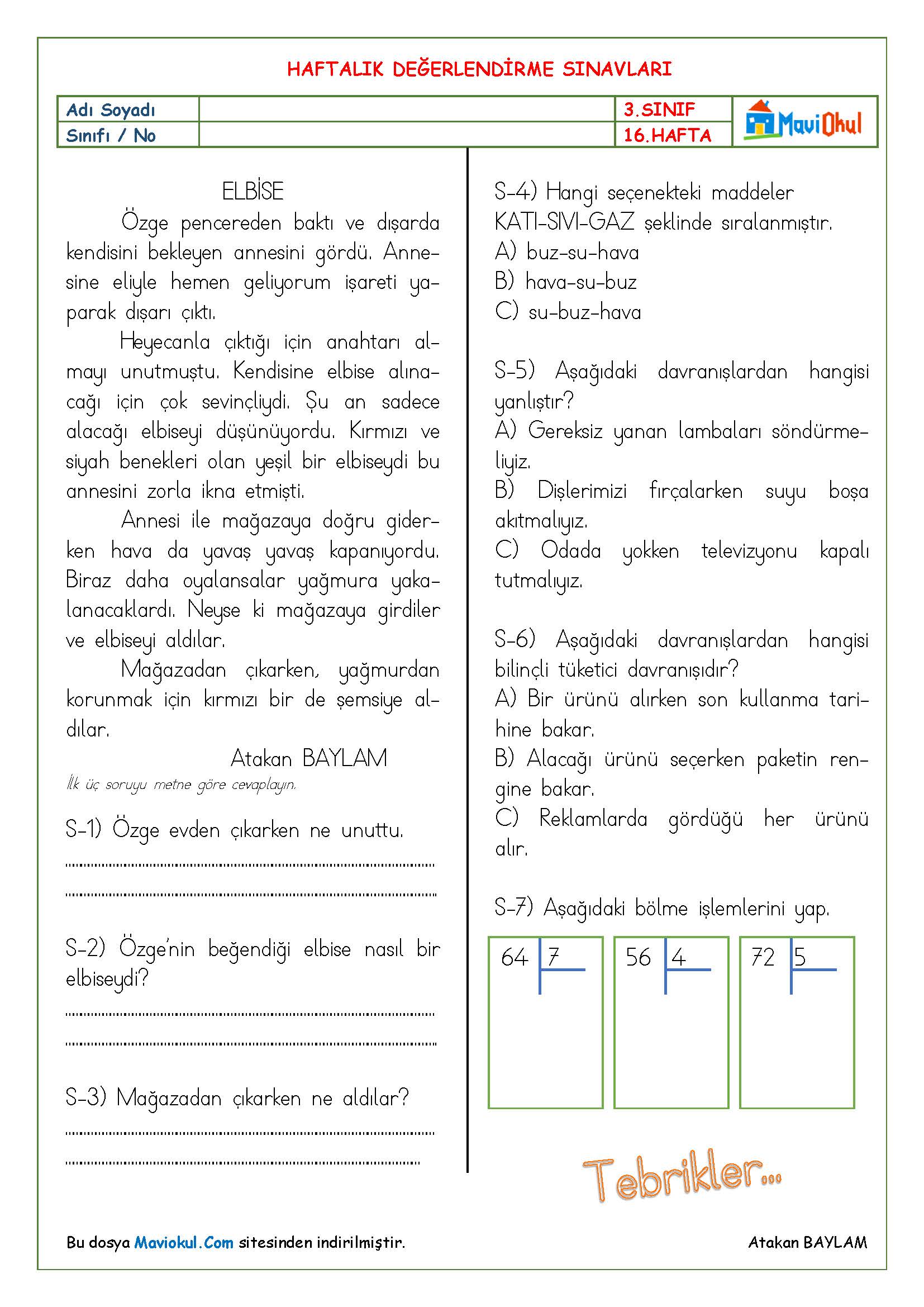 3. Sınıf 16. Hafta (01-05 Ocak) Haftalık Kazanım Değerlendirme Sınavı