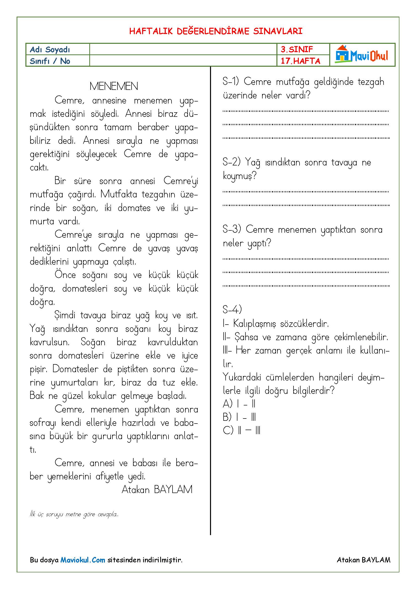 3. Sınıf 17. Hafta (08-12 Ocak) Haftalık Değerlendirme Sınavı