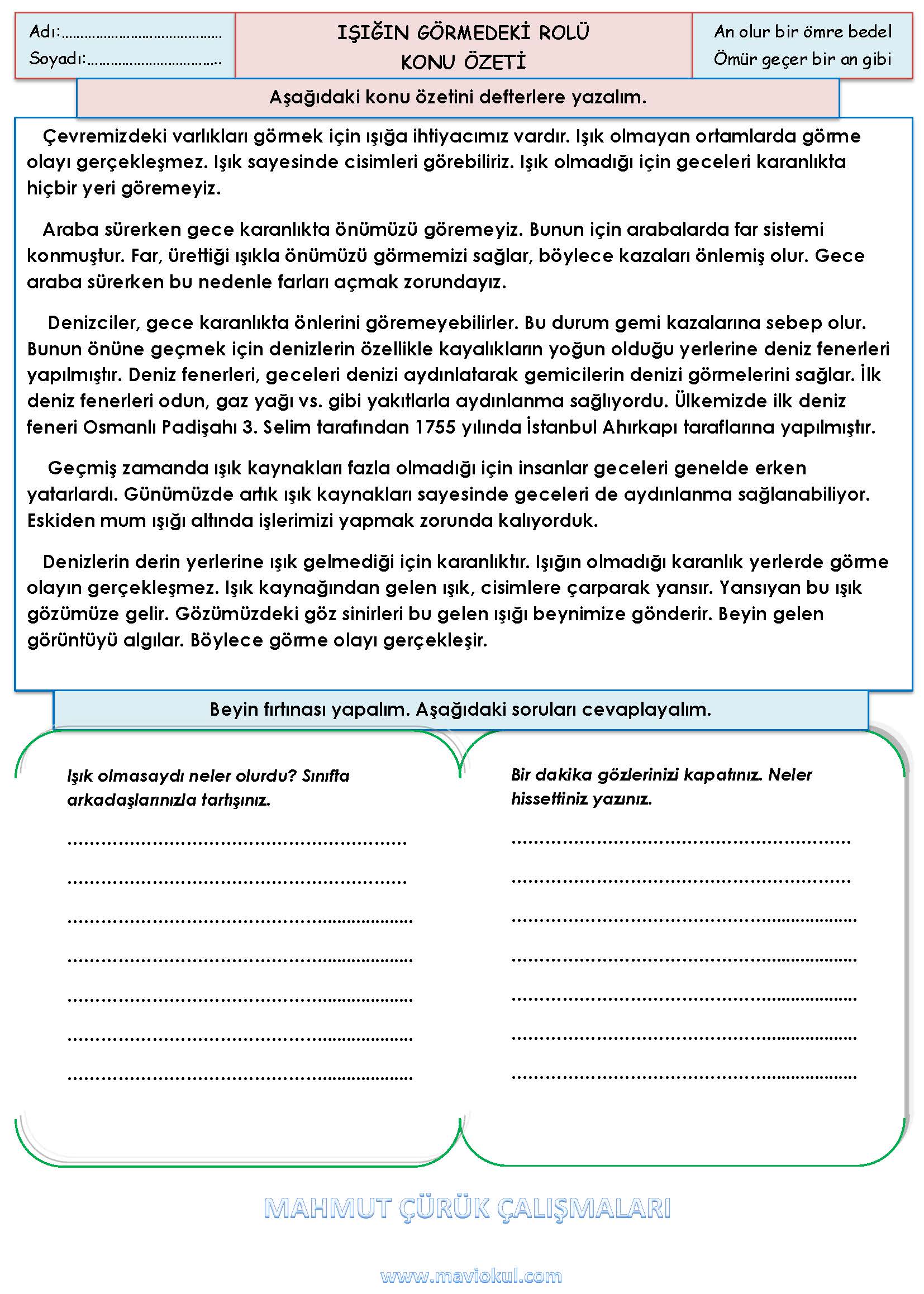 3.Sınıf - Fen Bilimleri - Işığın Görmedeki Rolü Konu Özeti