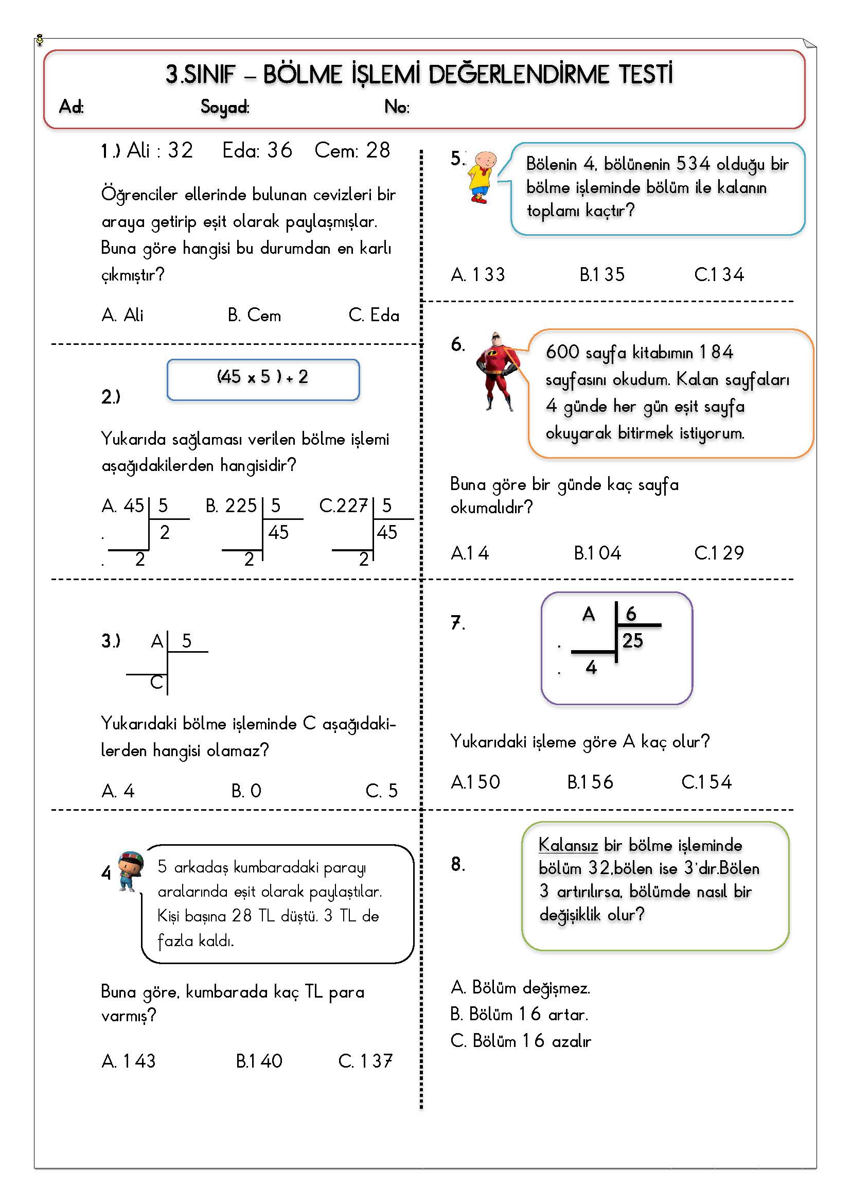 3.Sınıf - Matematik - Bölme İşlemi Testi