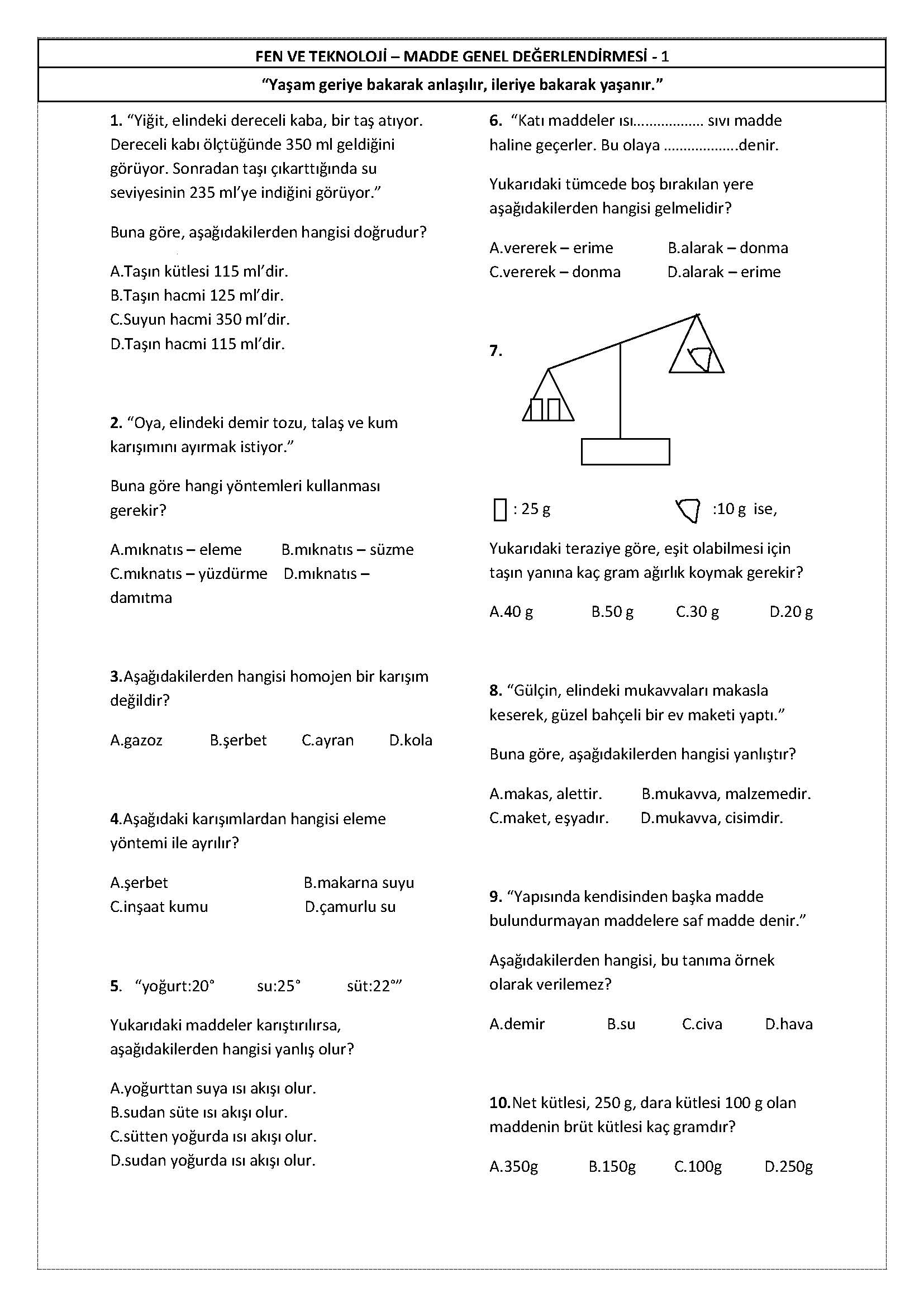 4.Sınıf Fen Bilimleri Madde Değerlendirme Testi-1