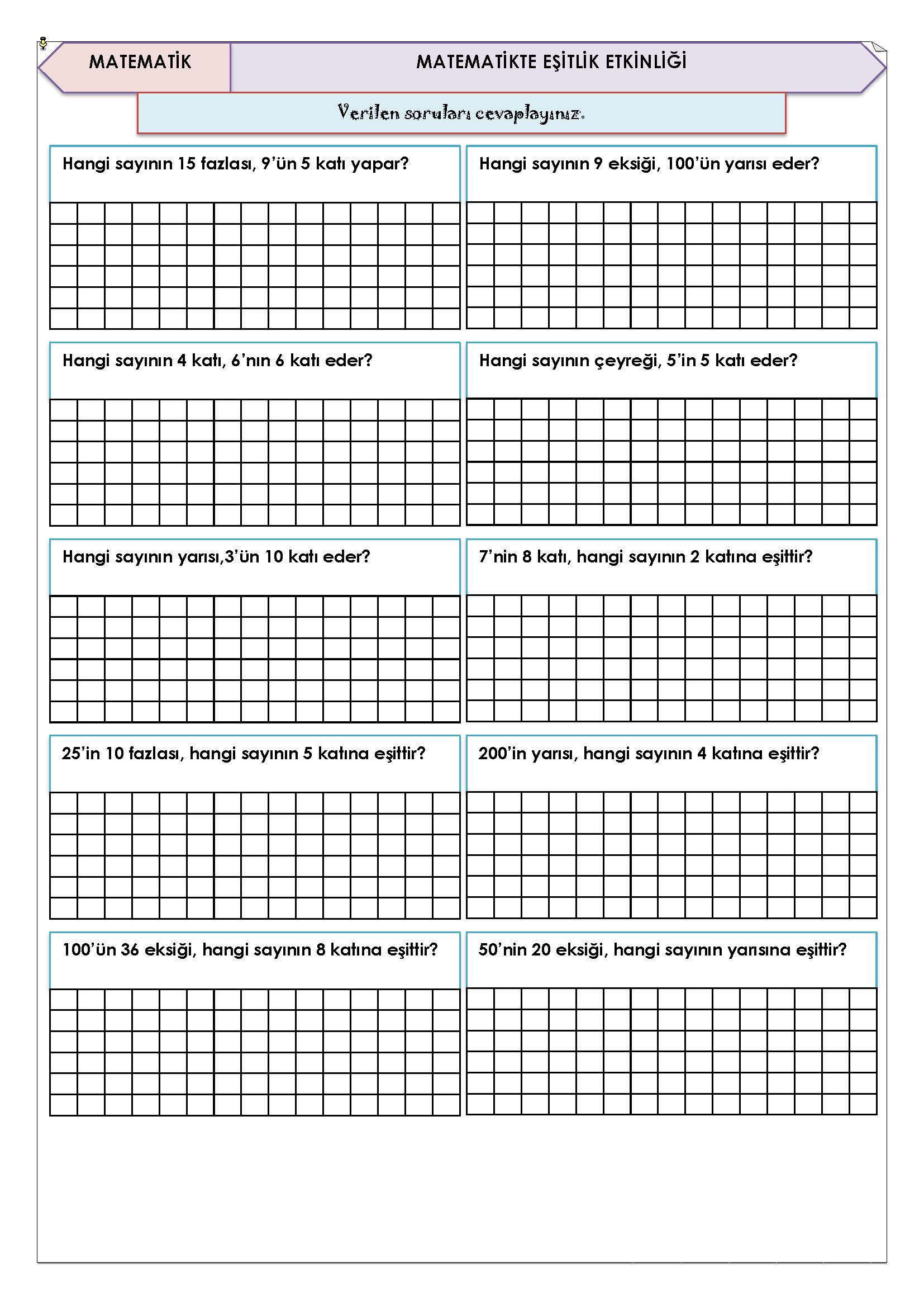 4.Sınıf Matematik Eşitlik Etkinliği