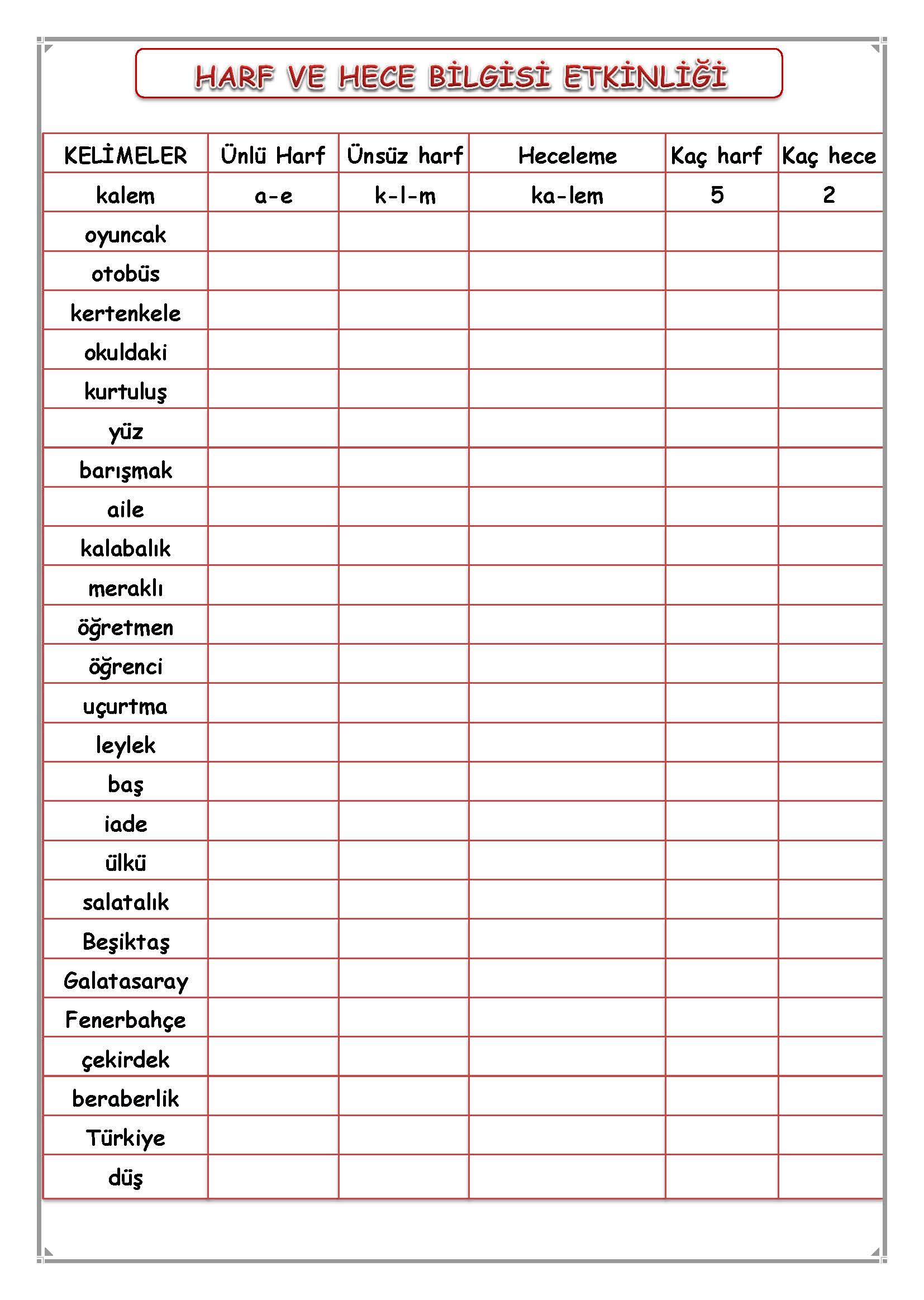 1. Sınıf Türkçe Harf Hece Kelime Etkinliği