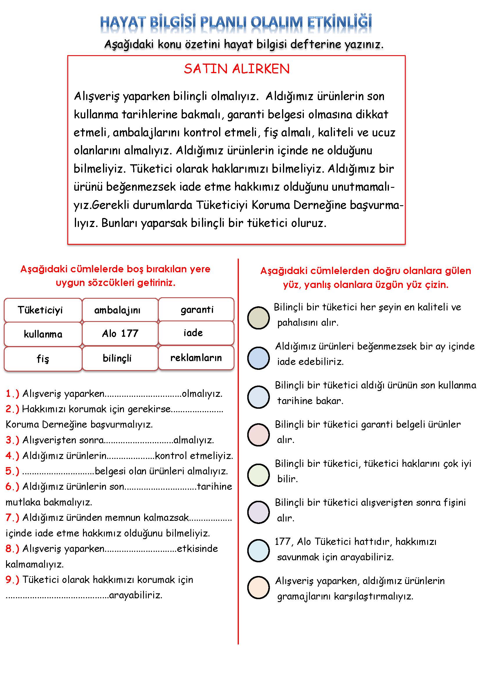 3. Sınıf Hayat Bilgisi Bilinçli Tüketici Etkinliği