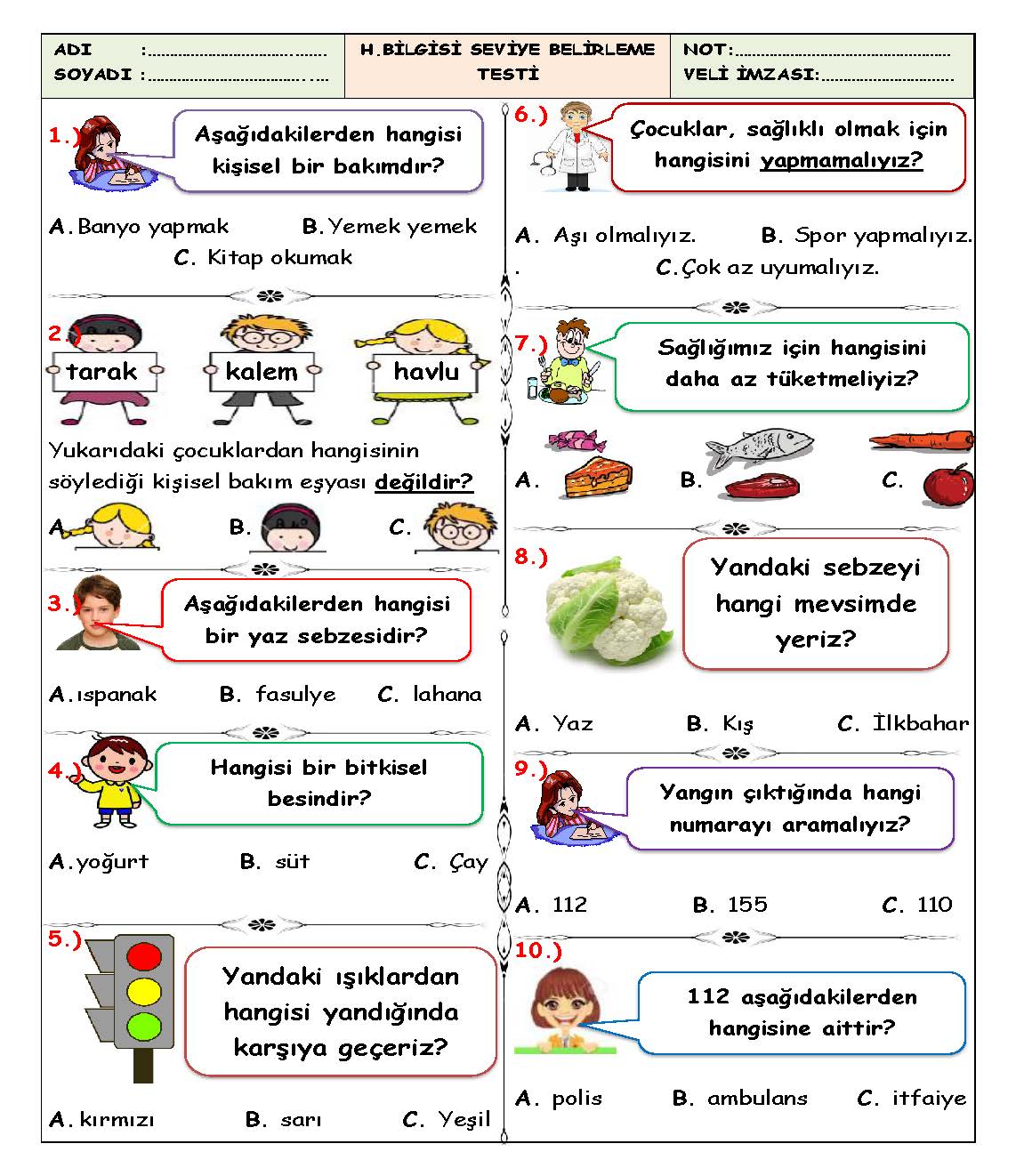 1. Sınıf Hayat Bilgisi Seviye Belirleme Testi