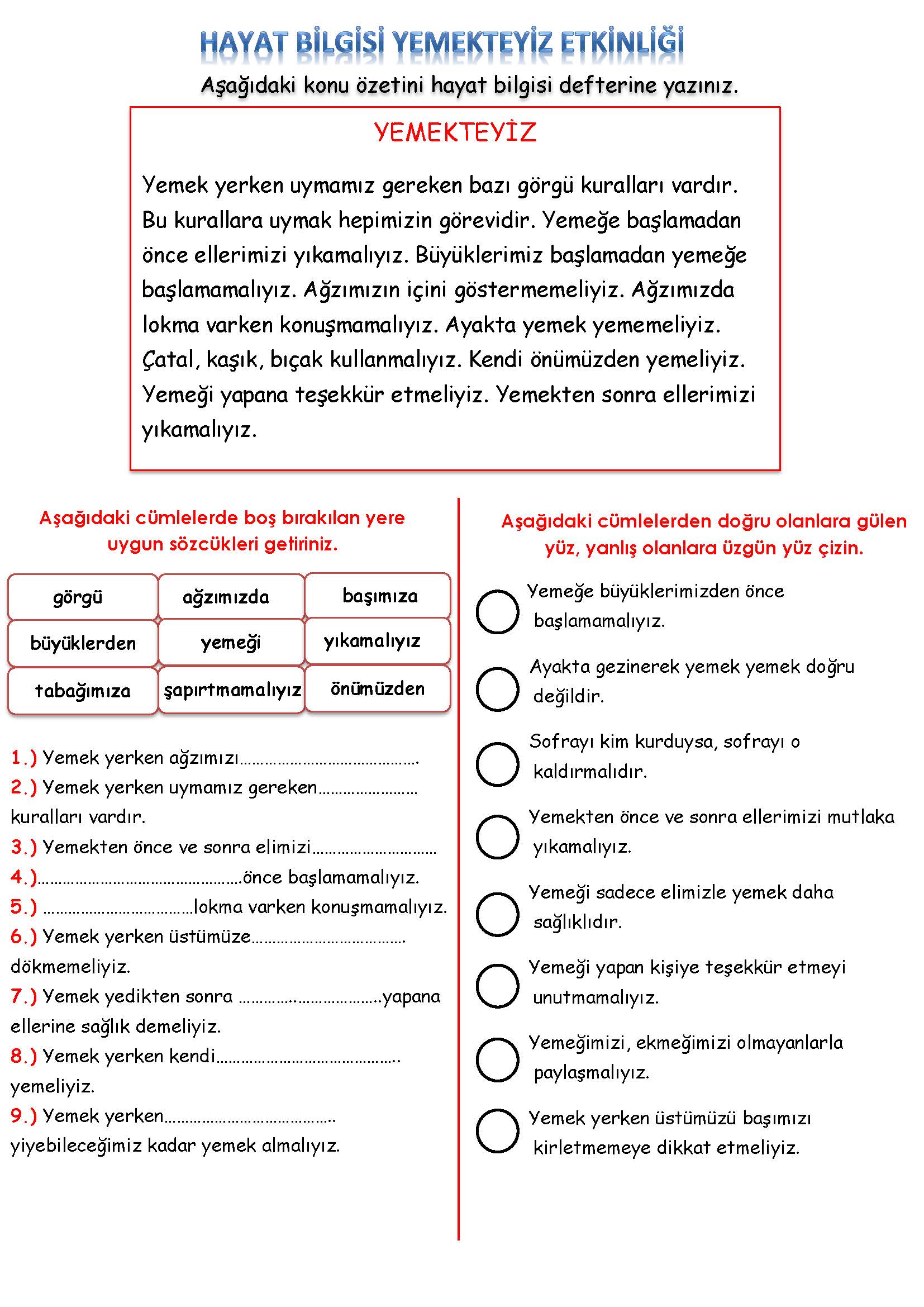 2. Sınıf Hayat Bilgisi Yemekteyiz