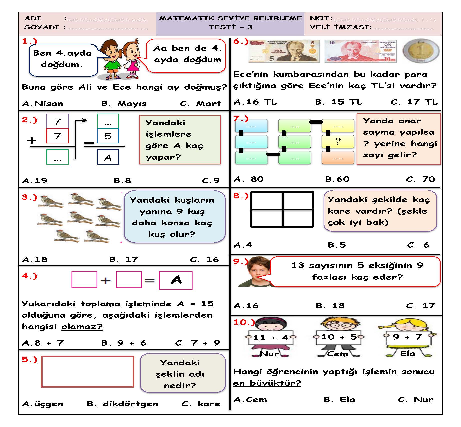 1. Sınıf Matematik Seviye Belirleme Test-3