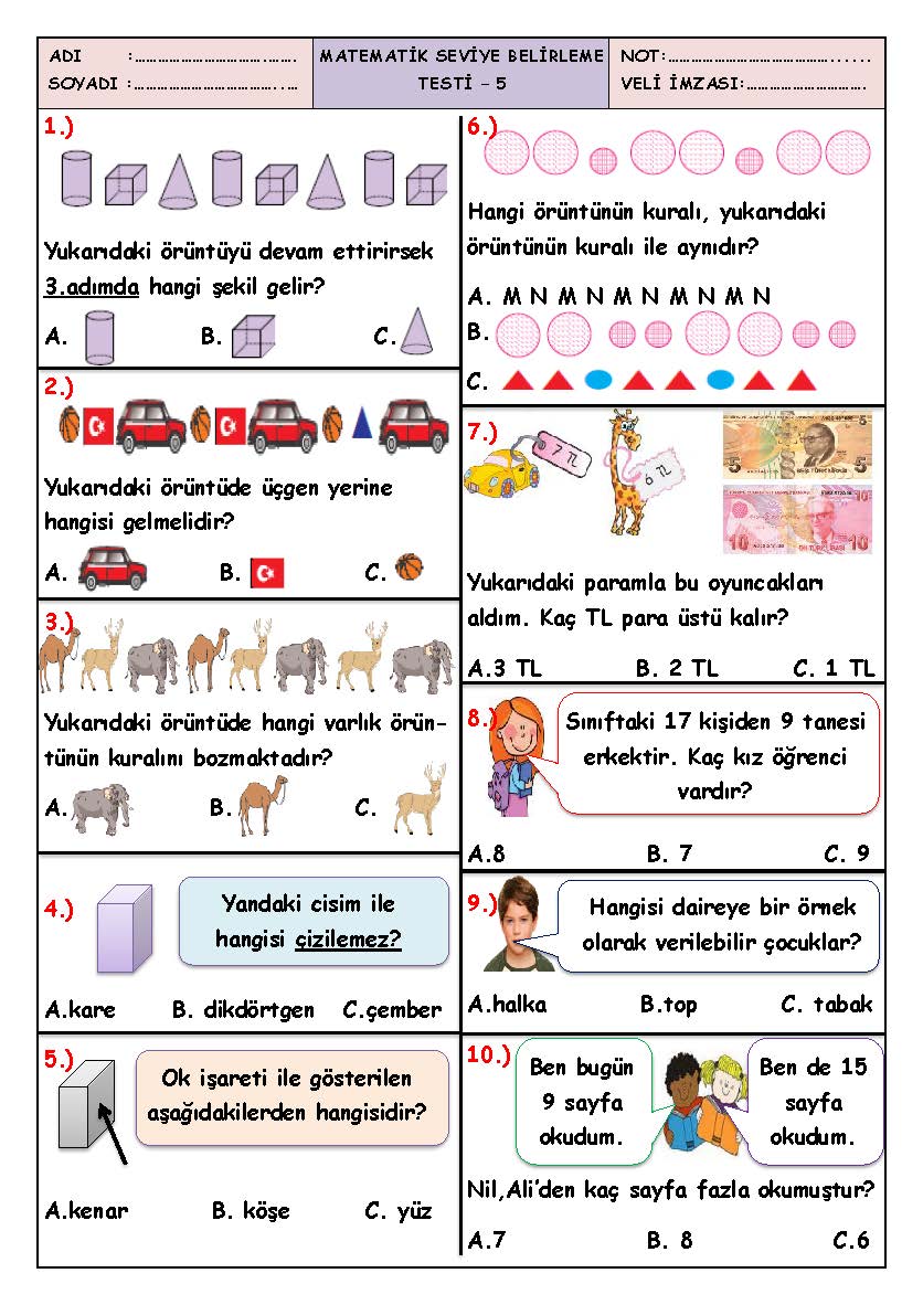 1. Sınıf Matematik Seviye Belirleme Test-5