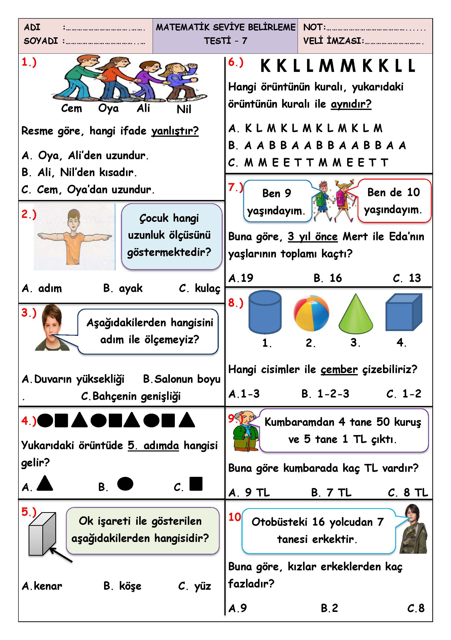 1. Sınıf Matematik Seviye Belirleme Test-7