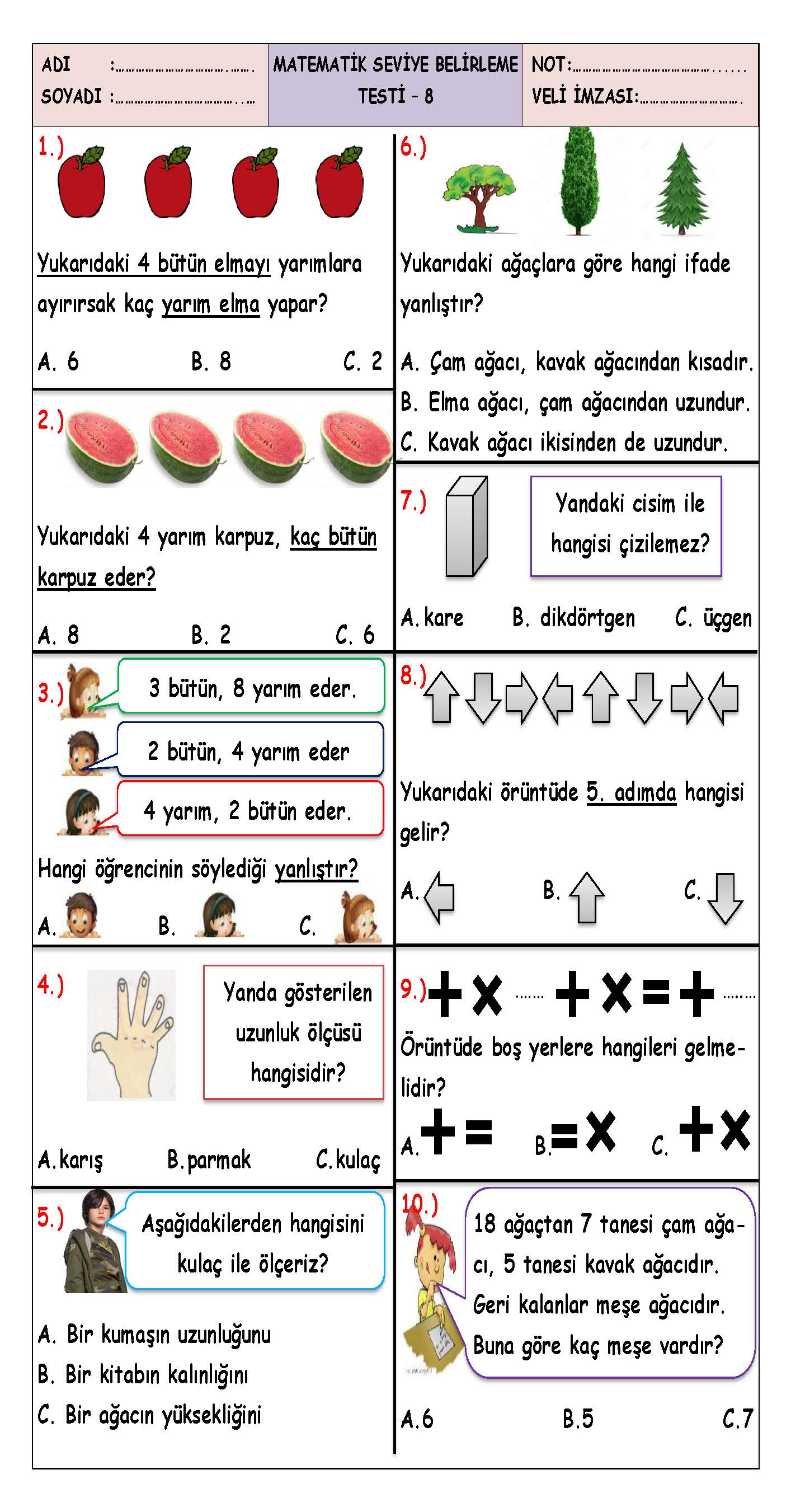 1. Sınıf Matematik Seviye Belirleme Test-8