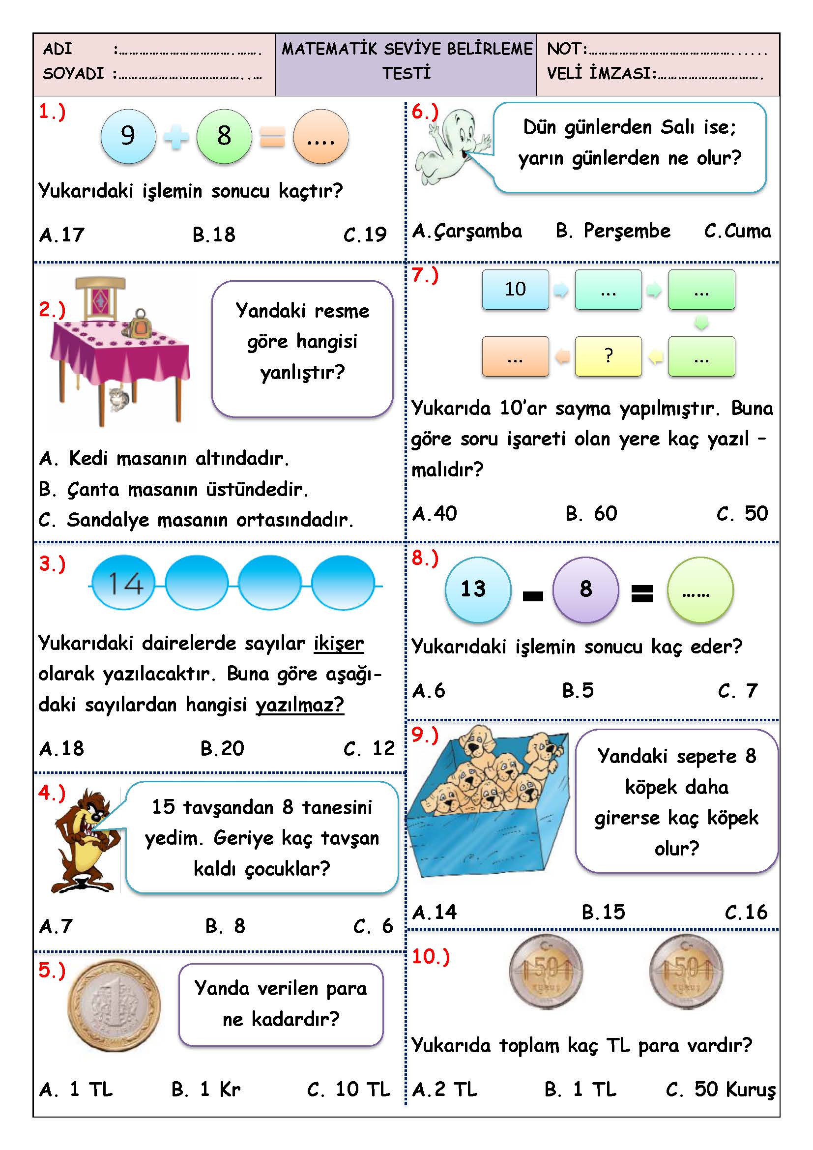 1. Sınıf Matematik Seviye Belirleme Testi