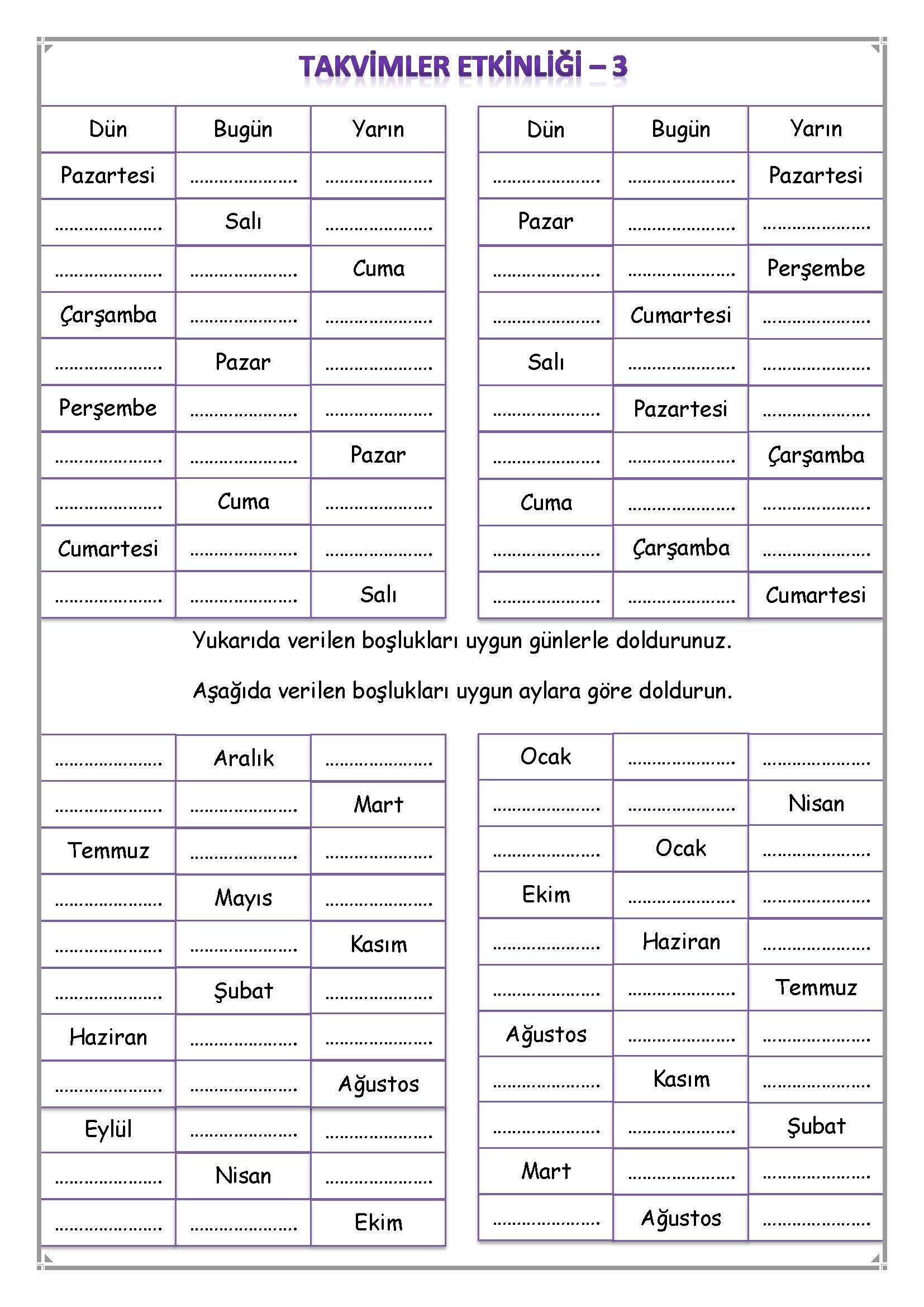 1. Sınıf Matematik Takvimler Etkinliği - 3