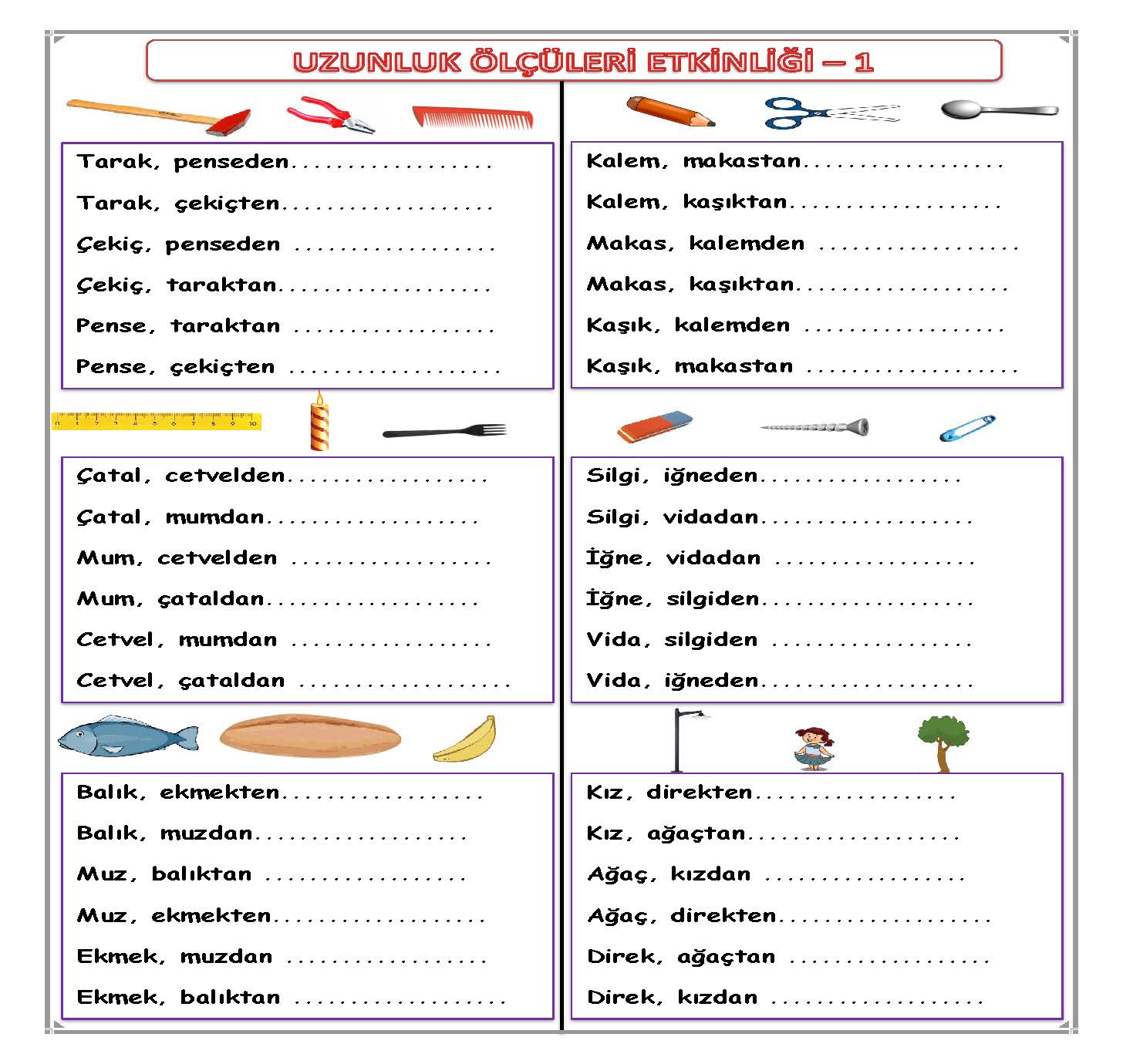 1. Sınıf Matematik Uzunluk Ölçüleri Etkinliği - 1