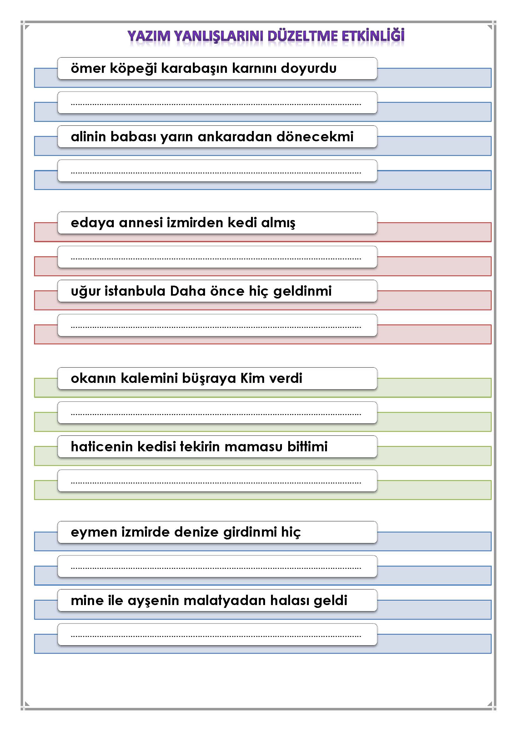 1. Sınıf Türkçe Yazım Yanlışlarını Düzeltme Etkinliği