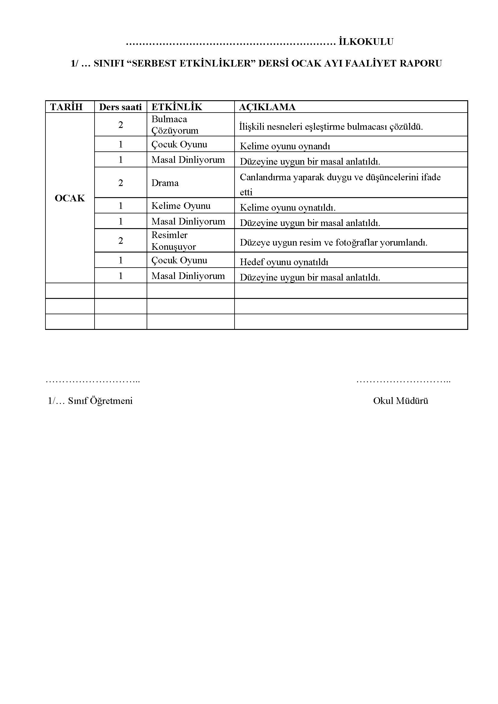 1. Sınıf Serbest Etkinlikler Dersi OCAK Ayı Faaliyet Raporu