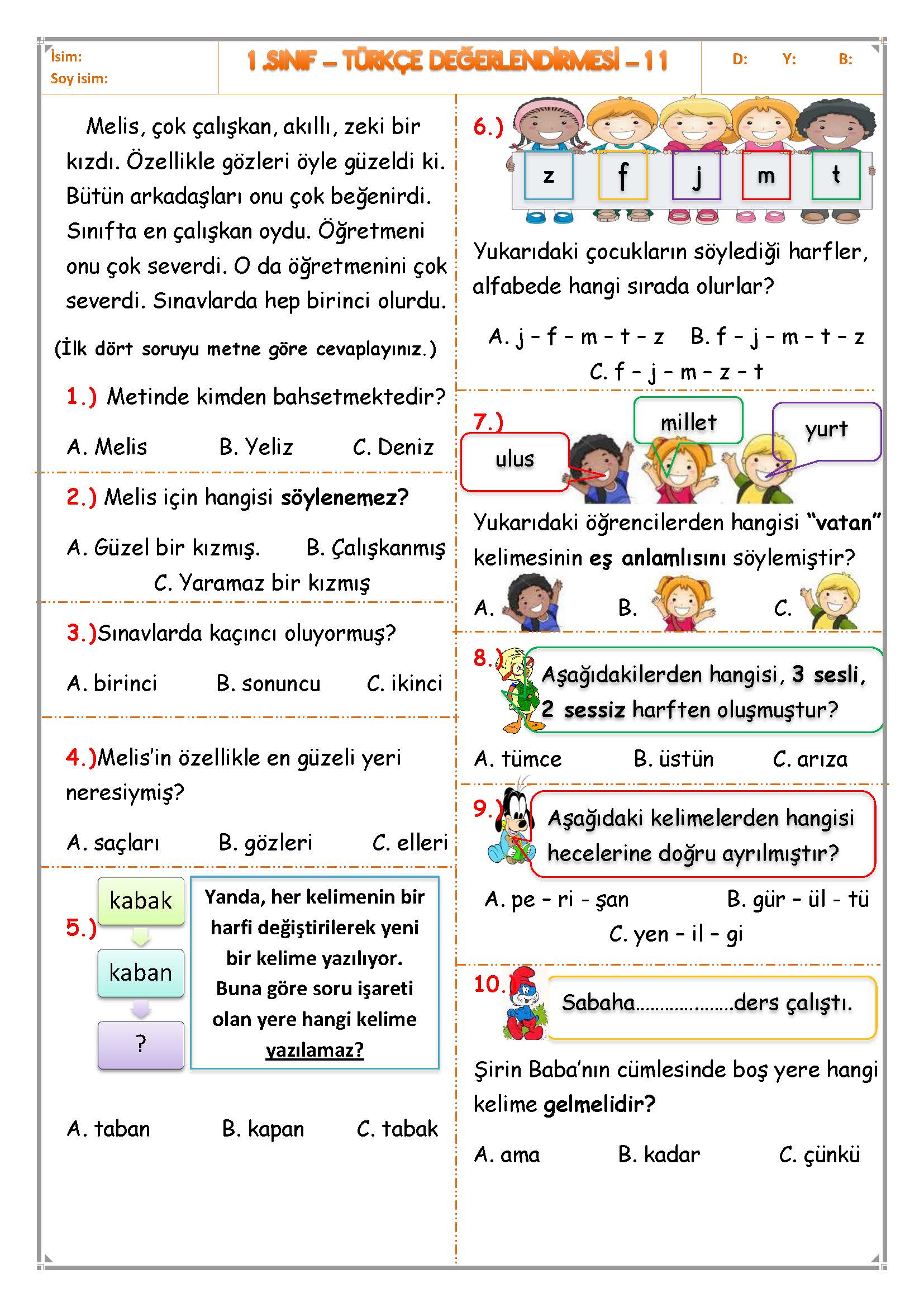 1.Sınıf - Türkçe Değerlendirme Sınavı - 11