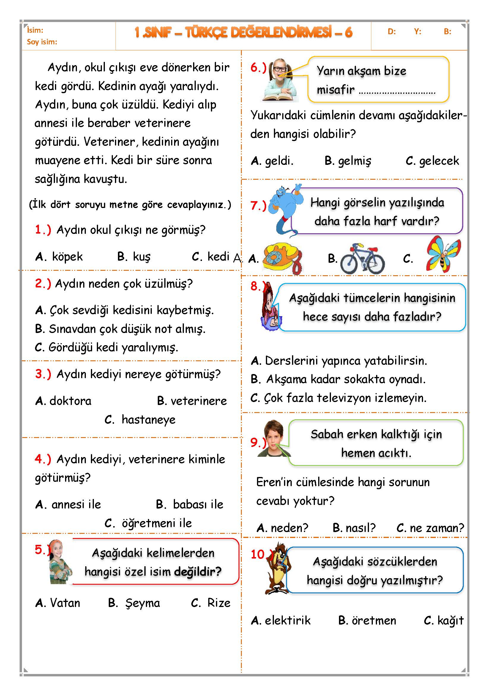 1.Sınıf - Türkçe Değerlendirme Sınavı - 6