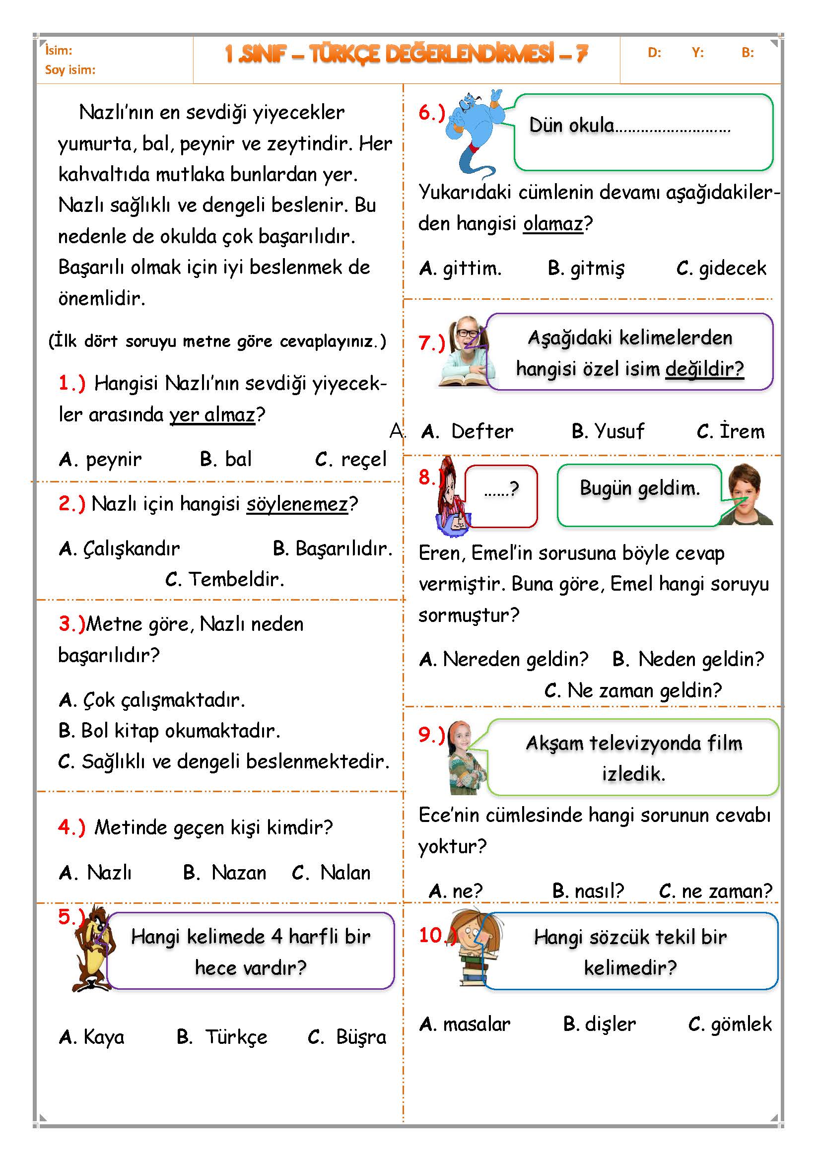 1.Sınıf - Türkçe Değerlendirme Sınavı - 7