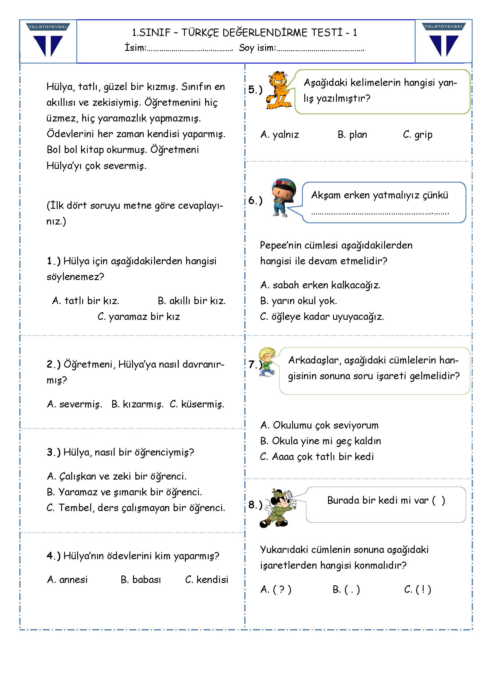 1.Sınıf - Türkçe Değerlendirme Testi - 1