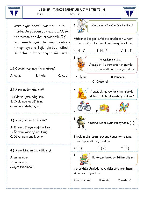 1.Sınıf - Türkçe Değerlendirme Testi - 4