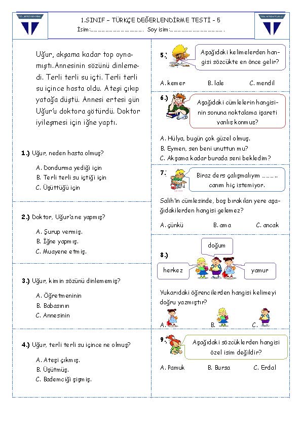 1. Sınıf Türkçe Değerlendirme Testi - 5