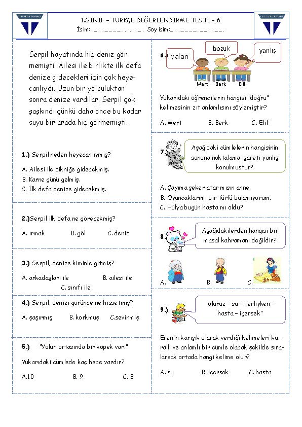 1.Sınıf - Türkçe Değerlendirme Testi - 6