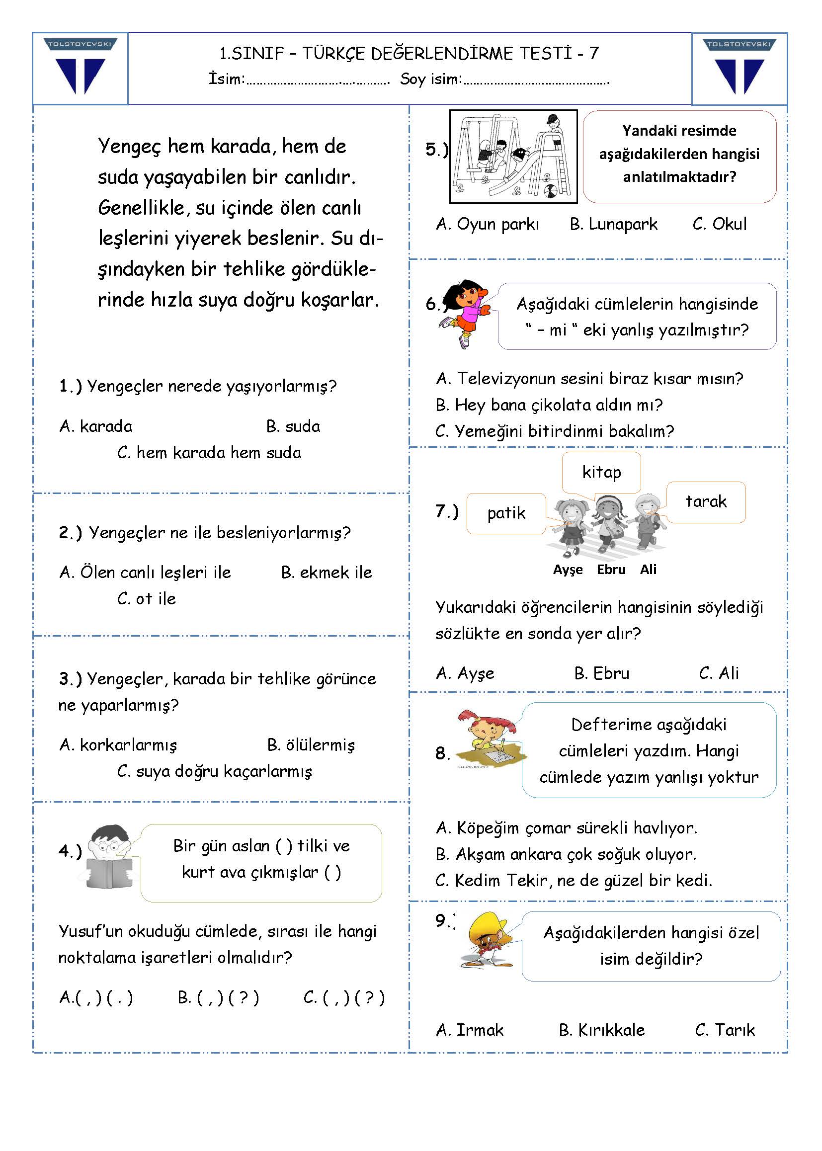 1.Sınıf - Türkçe Değerlendirme Testi - 7