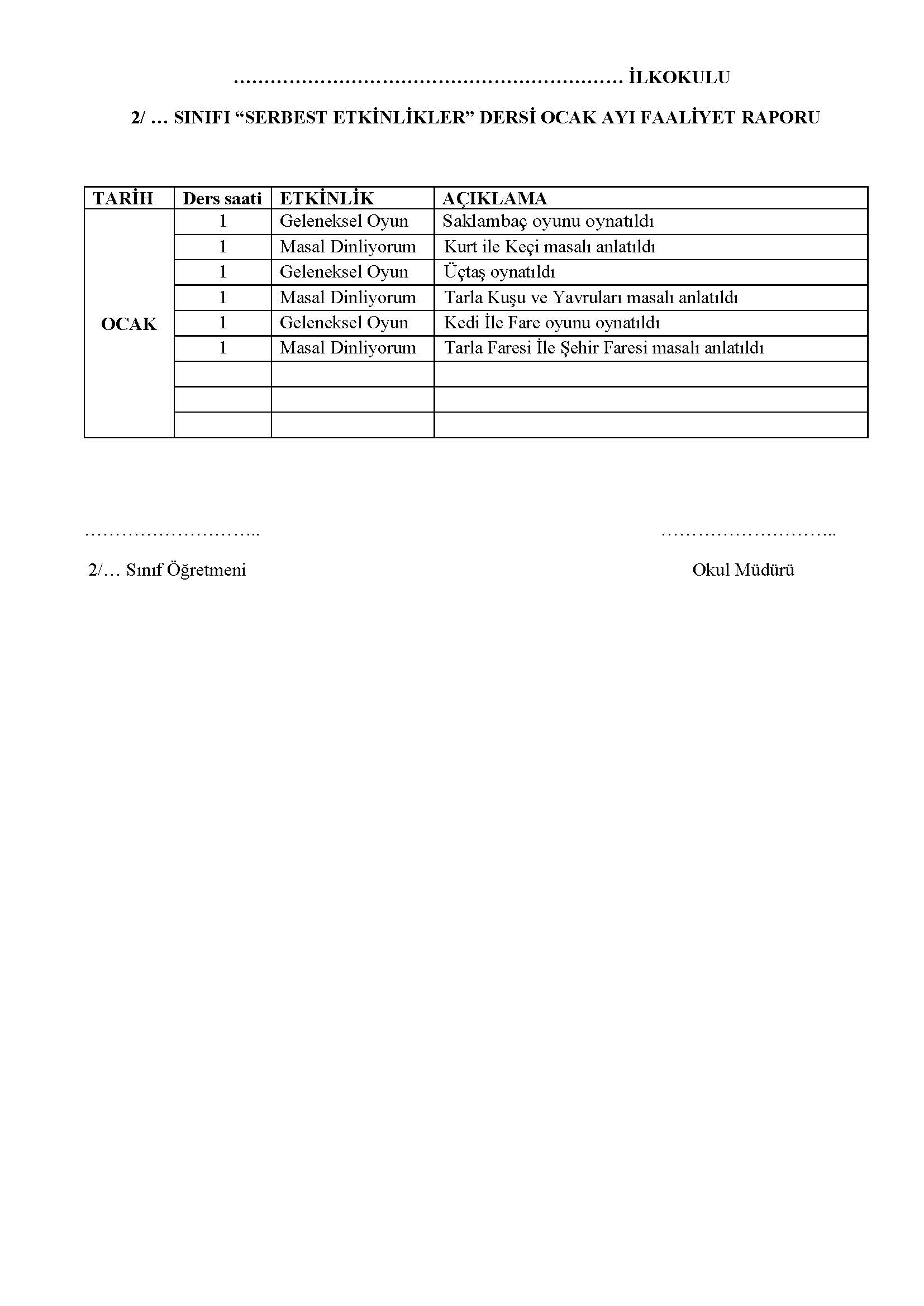 2. Sınıf Serbest Etkinlikler Dersi OCAK Ayı Faaliyet Raporu