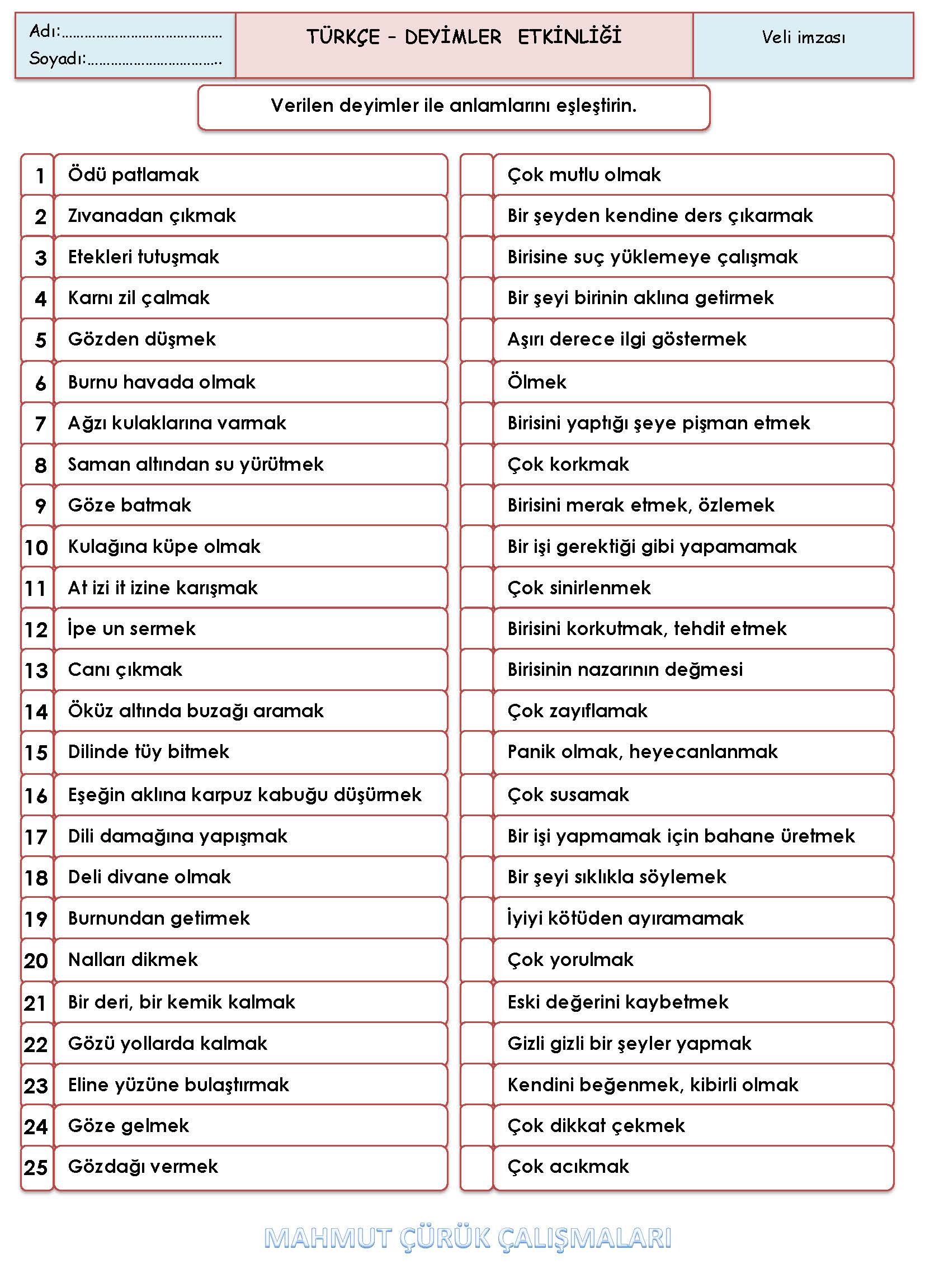 2. Sınıf Türkçe Deyimler Etkinliği