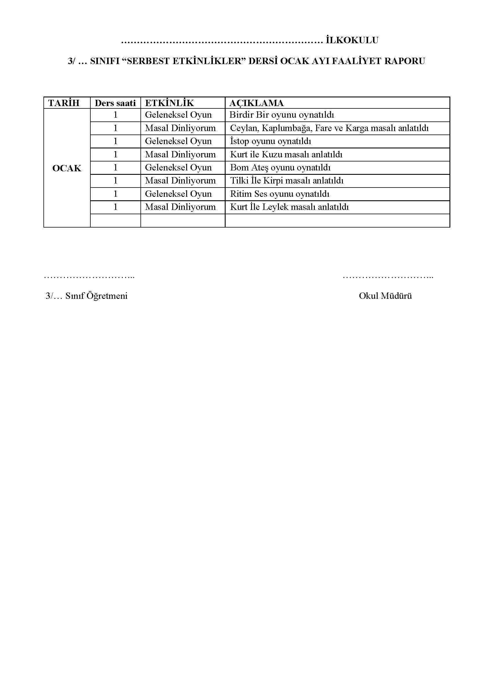 3. Sınıf Serbest Etkinlikler Dersi OCAK Ayı Faaliyet Raporu