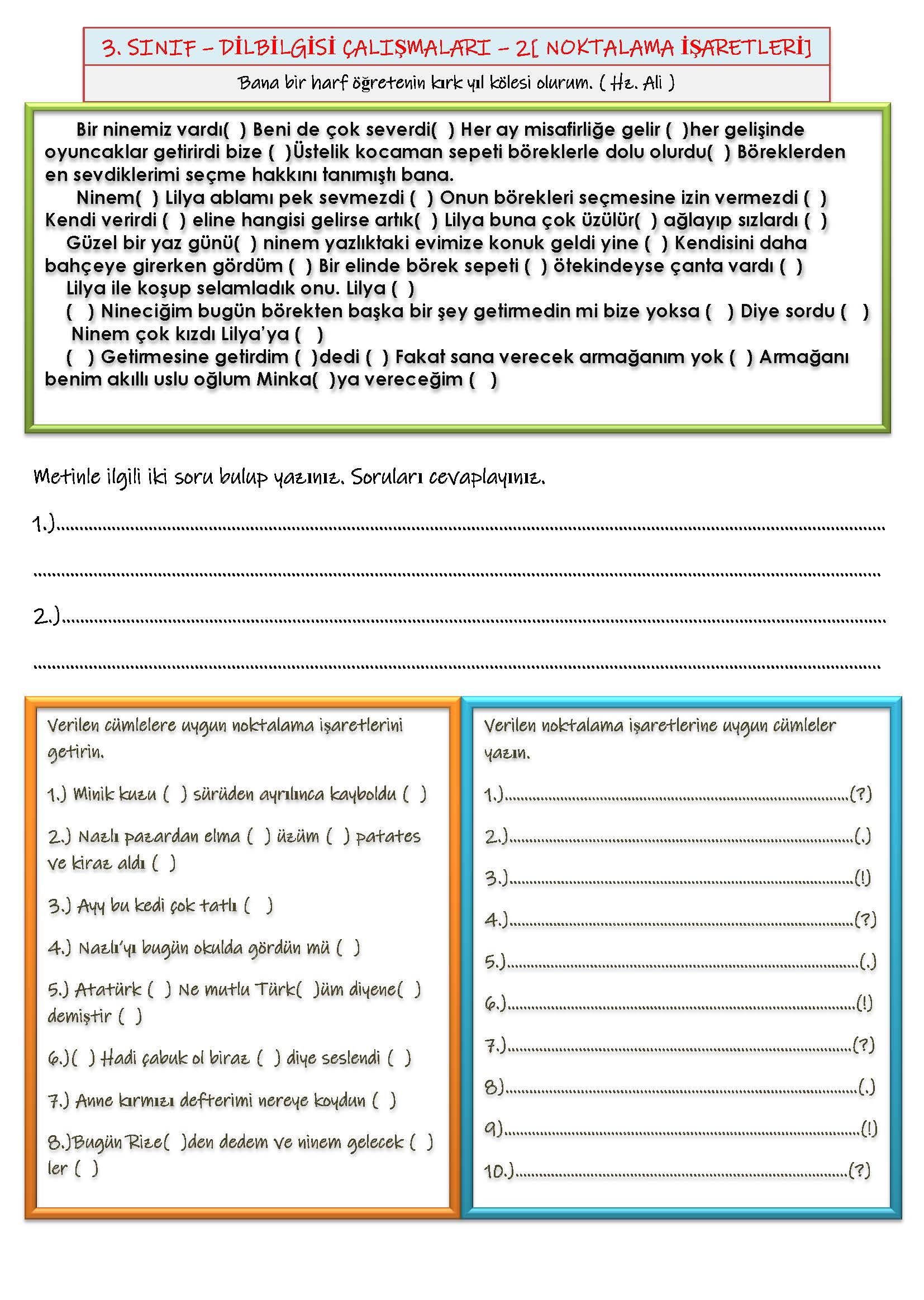 3. Sınıf - Türkçe - Dilbilgisi Çalışması - 2 (Noktalama İşaretleri)