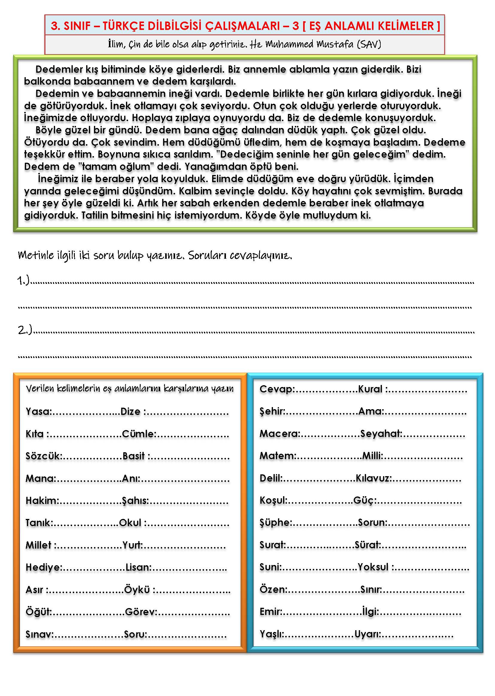 3. Sınıf - Türkçe - Dilbilgisi Çalışması - 3 ( Eş Anlamlı Kelimeler)