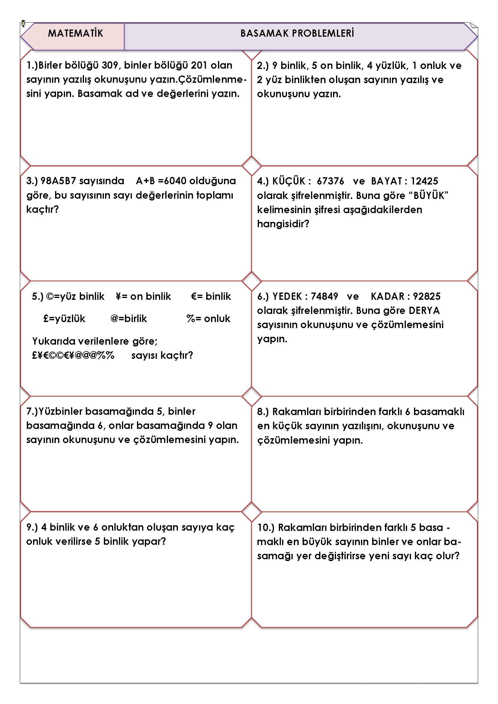 4.Sınıf  Matematik Basamak Problemleri Etkinliği