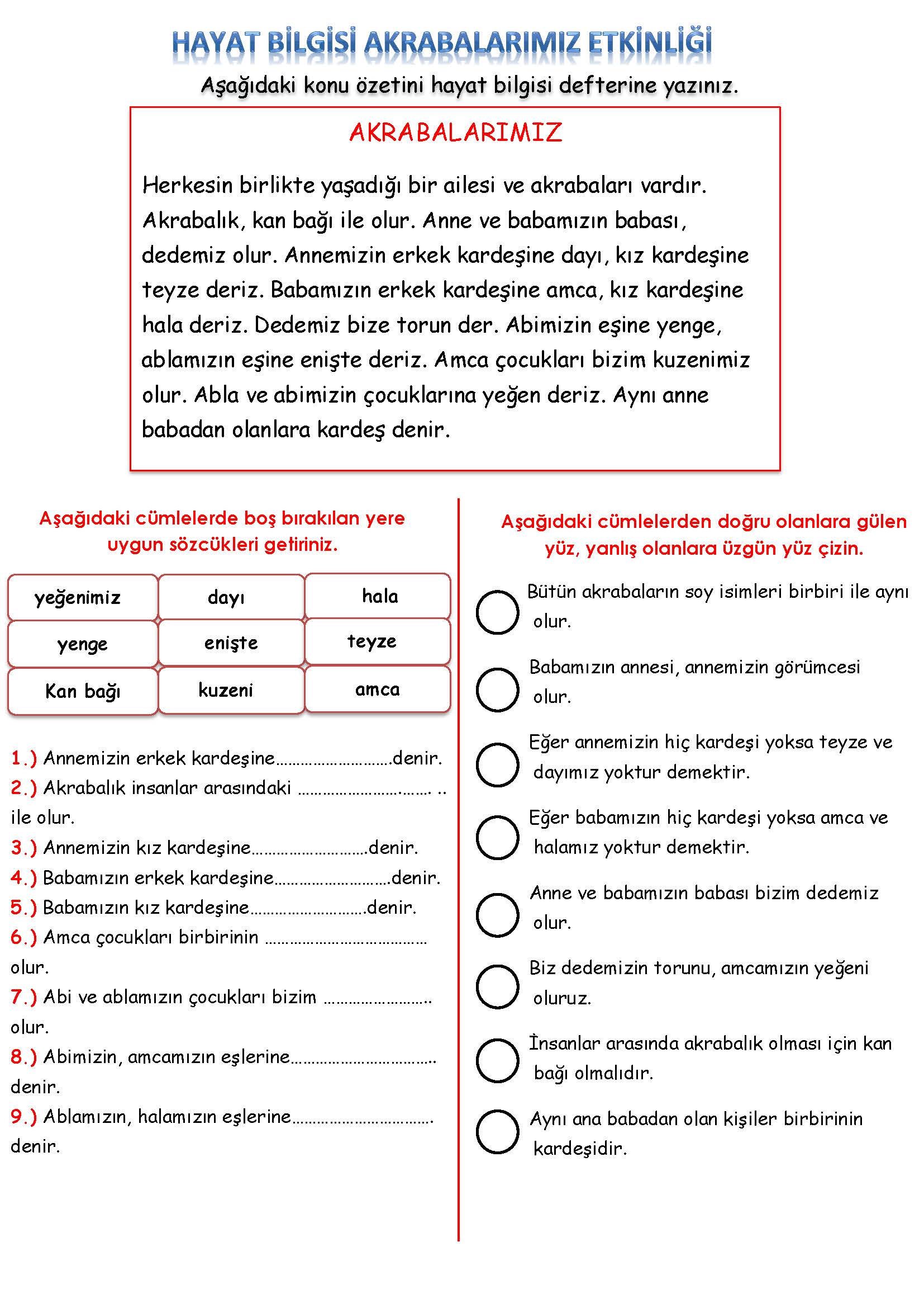 2. Sınıf Hayat Bilgisi Akrabalarımız Etkinliği