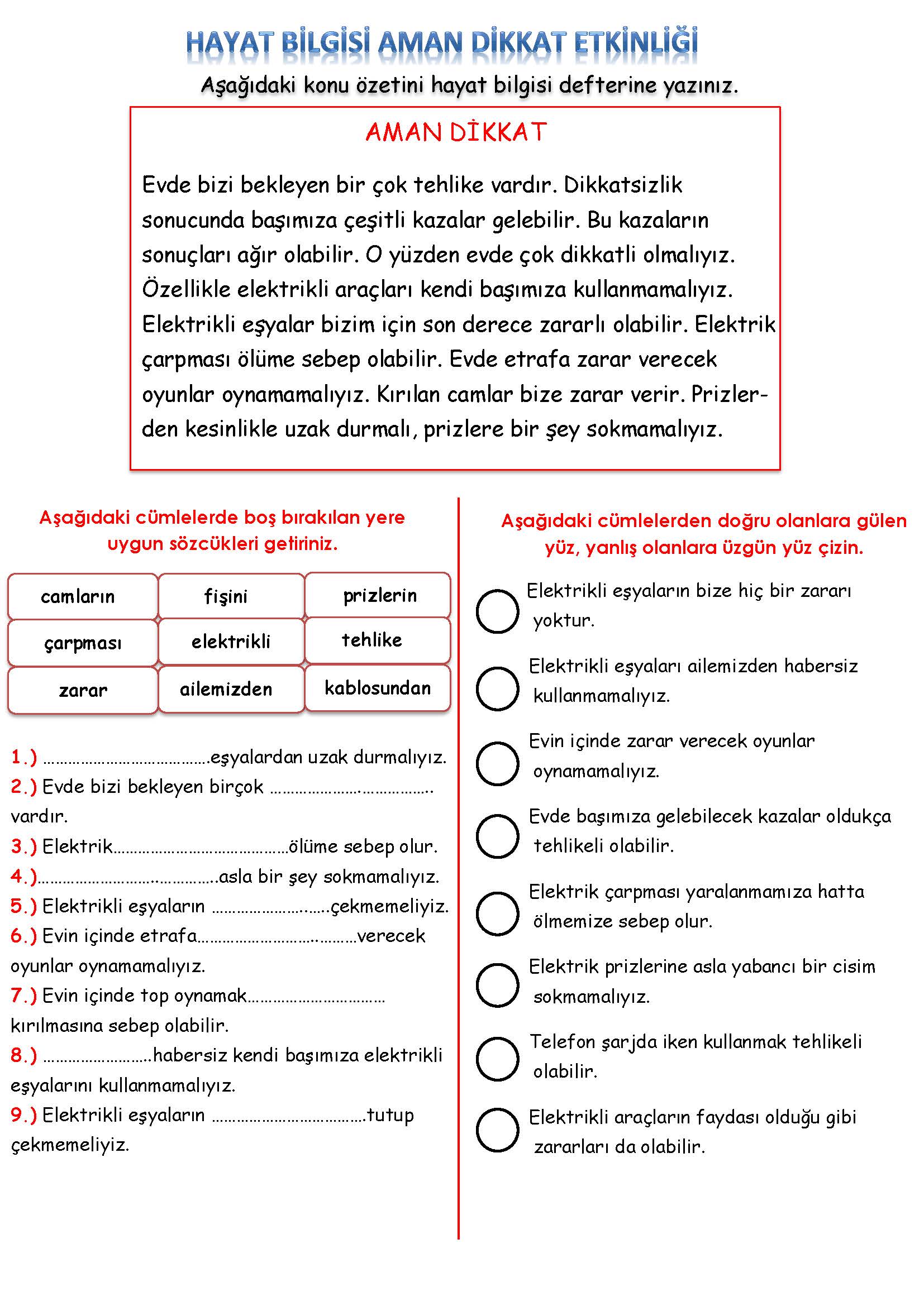 Hayat Bilgisi Aman Dikkat Etkinliği