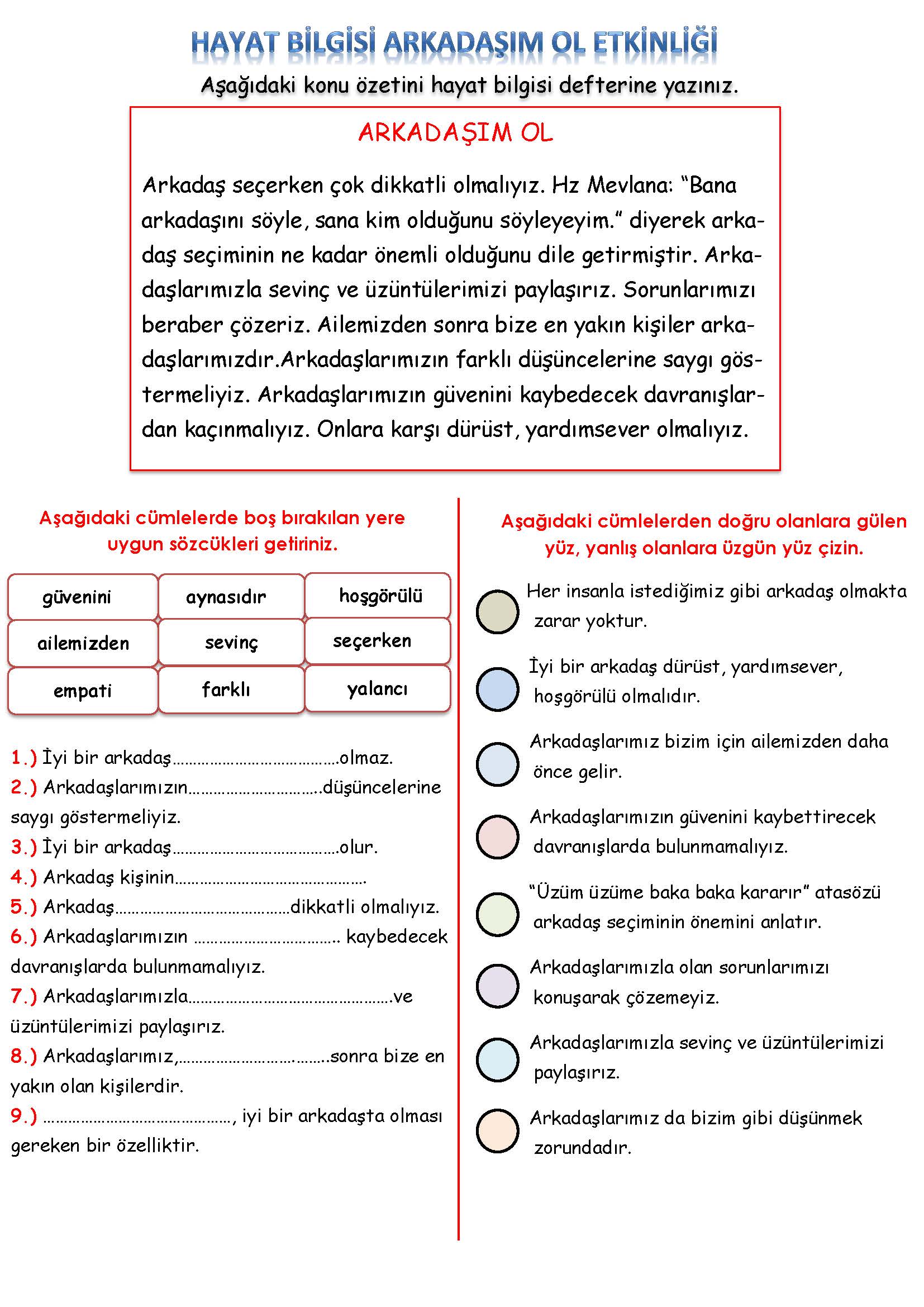 3. Sınıf Hayat Bilgisi Arkadaşım Ol Etkinliği