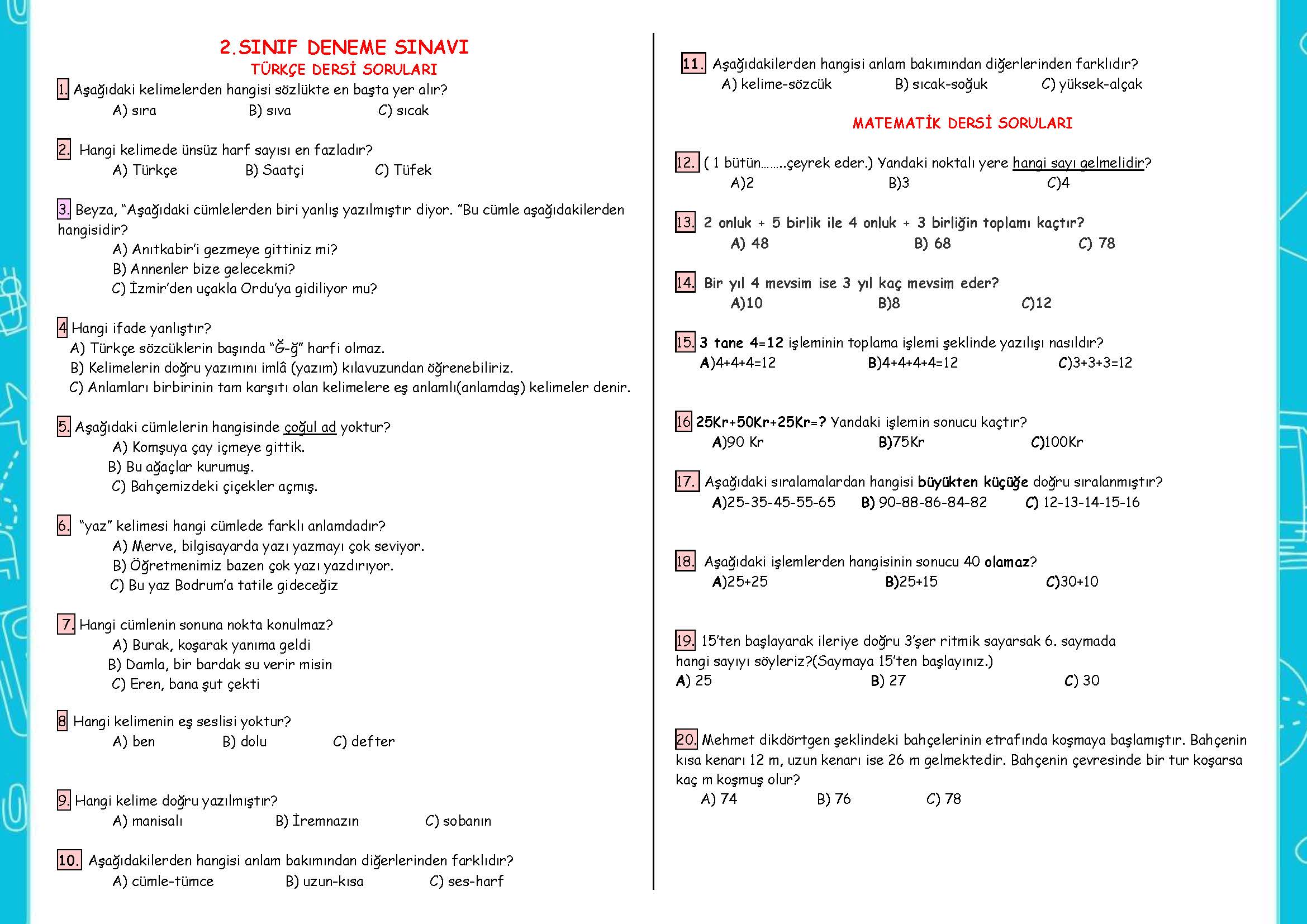 2. SINIF DENEME SINAVI