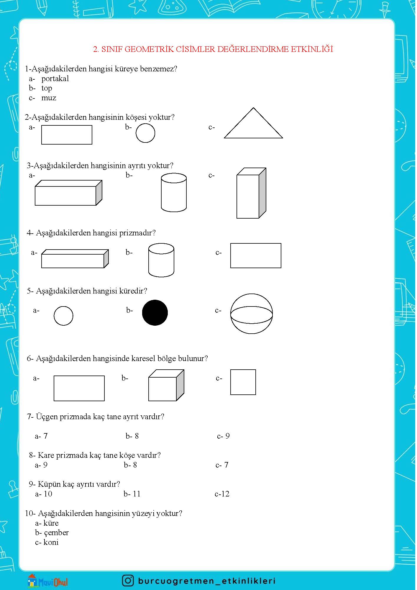 2. SINIF GEOMETRİK CİSİMLER DEĞERLENDİRME ETKİNLİĞİ