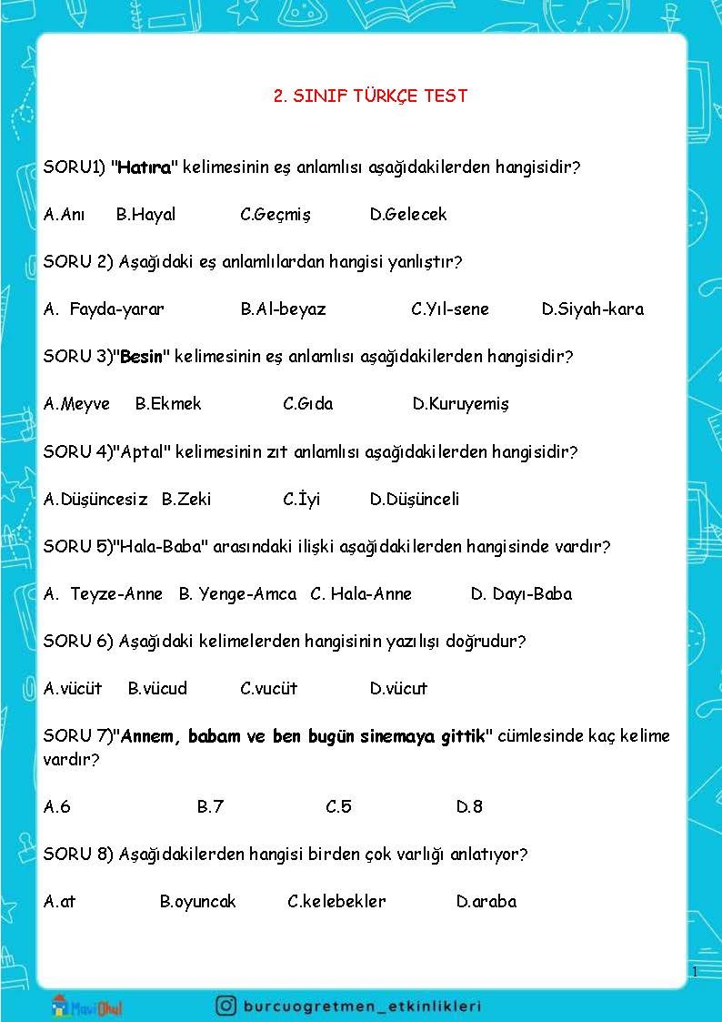 2. SINIF TÜRKÇE KARIŞIK TEST