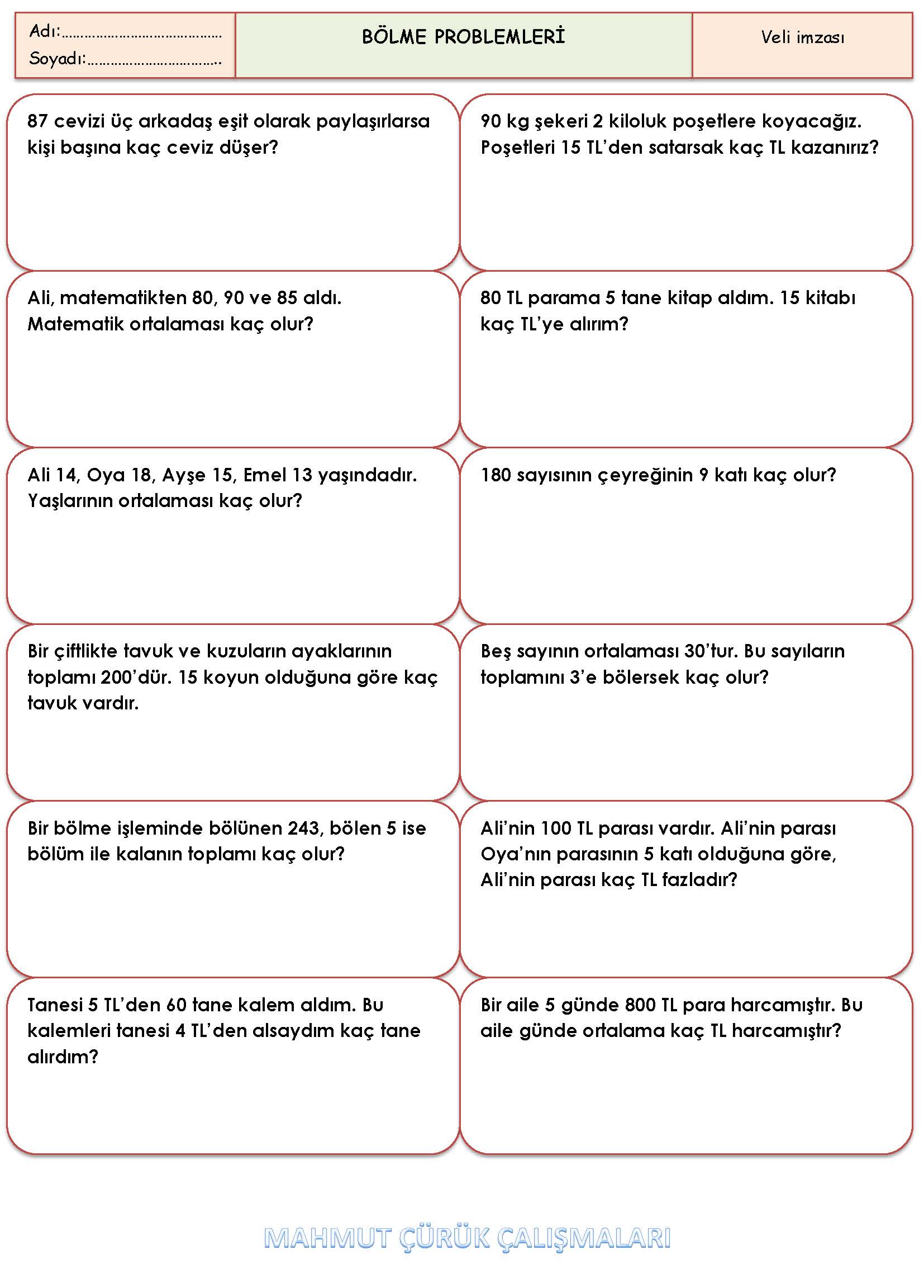 3. Sınıf Matematik Bölme İşlemi Problemleri