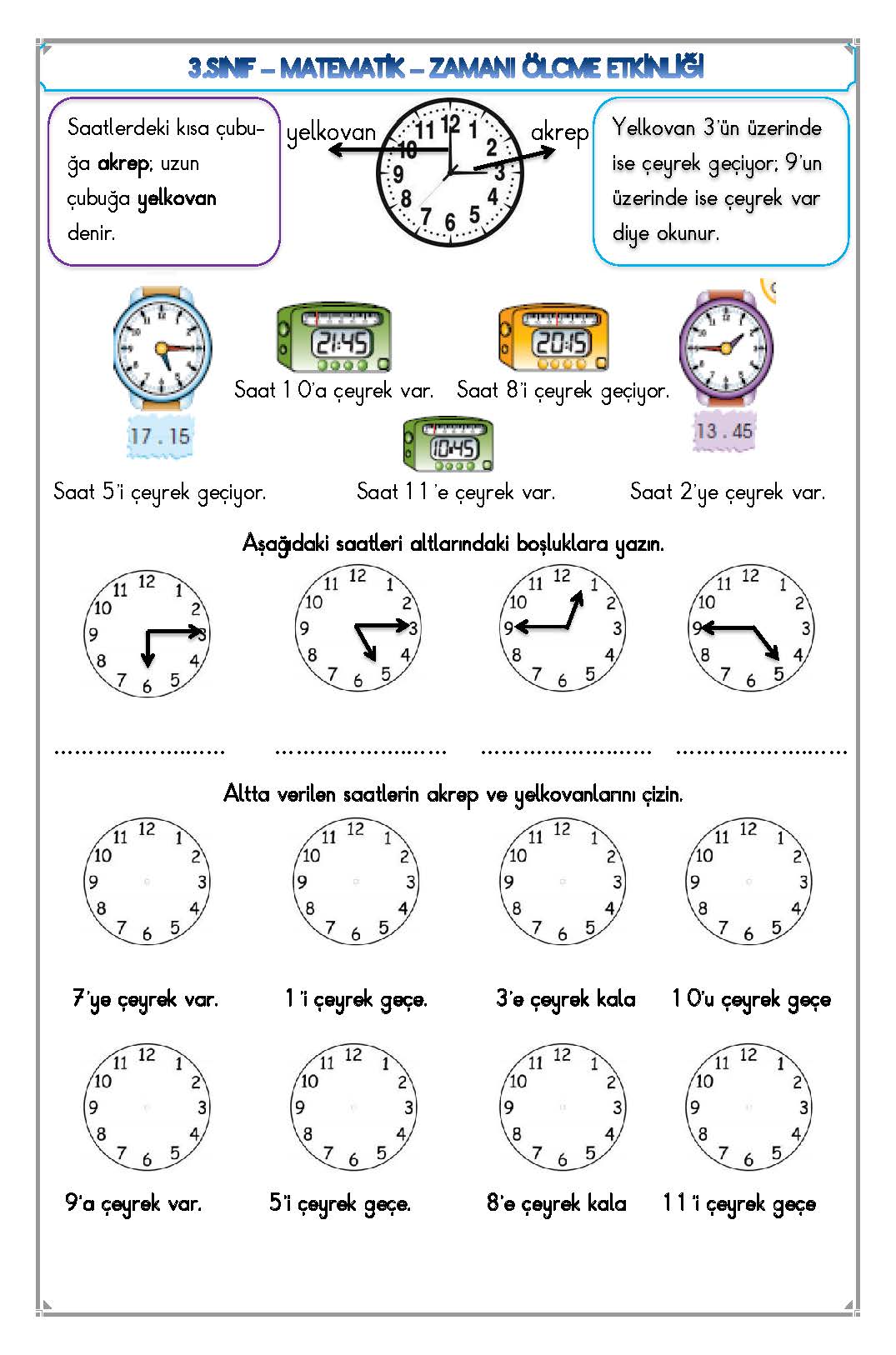 3. Sınıf Matematik Zamanı Ölçme Etkinliği