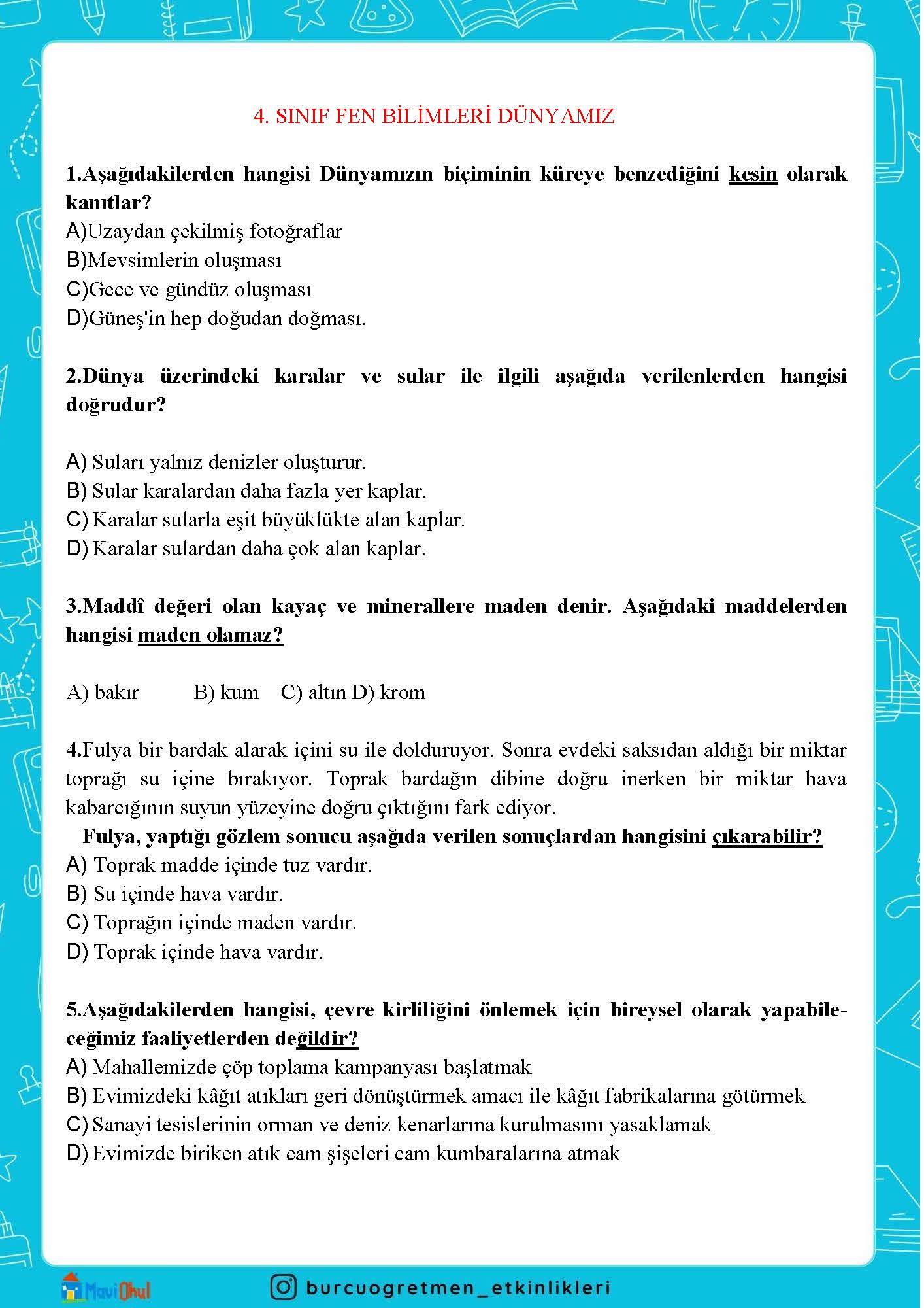 4. SINIF FEN BİLİMLERİ DÜNYAMIZ